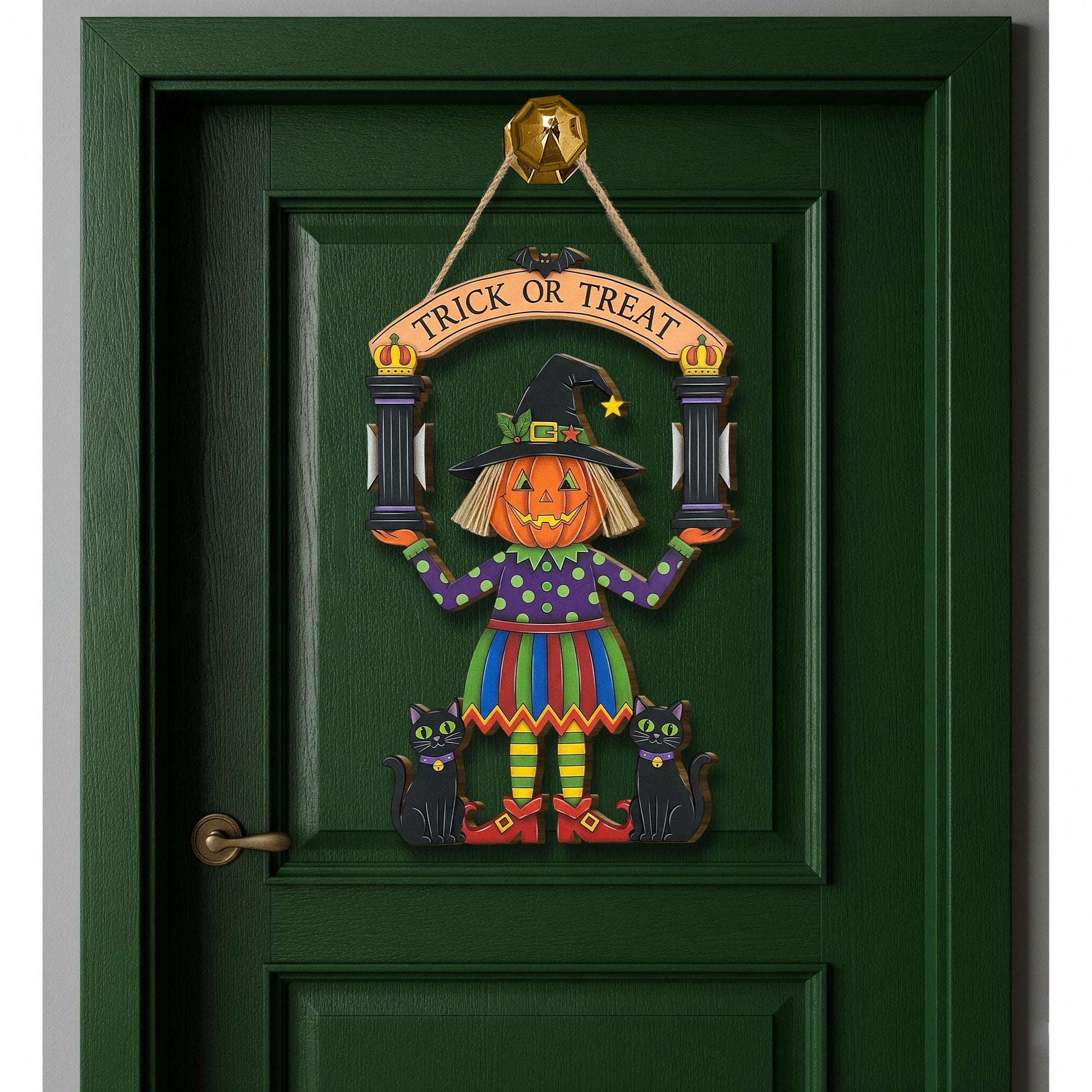 Halloween Pumpkin Witch Door Hanger, Trick or Treat Black Cat Wooden Wall Sign, Fall Front Porch Door Decor, Cute Witch Plaque