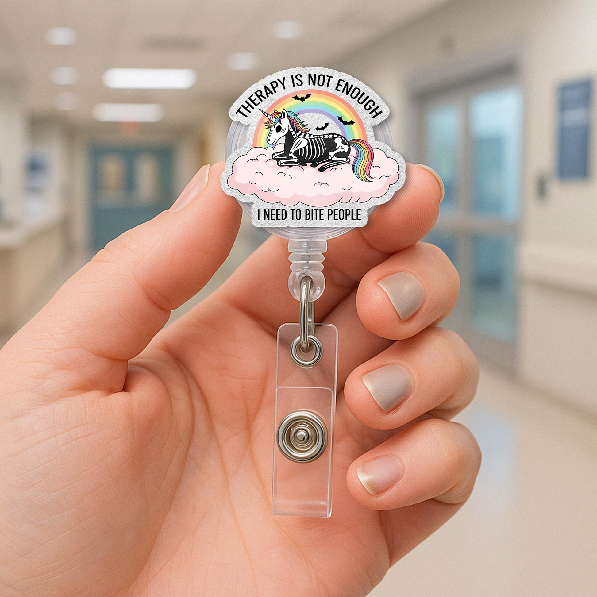 Funny Unicorn Skeleton Badge Reel – “Therapy Is Not Enough I Need to Bite People” – Cute Rainbow Goth Nurse ID Holder Clip