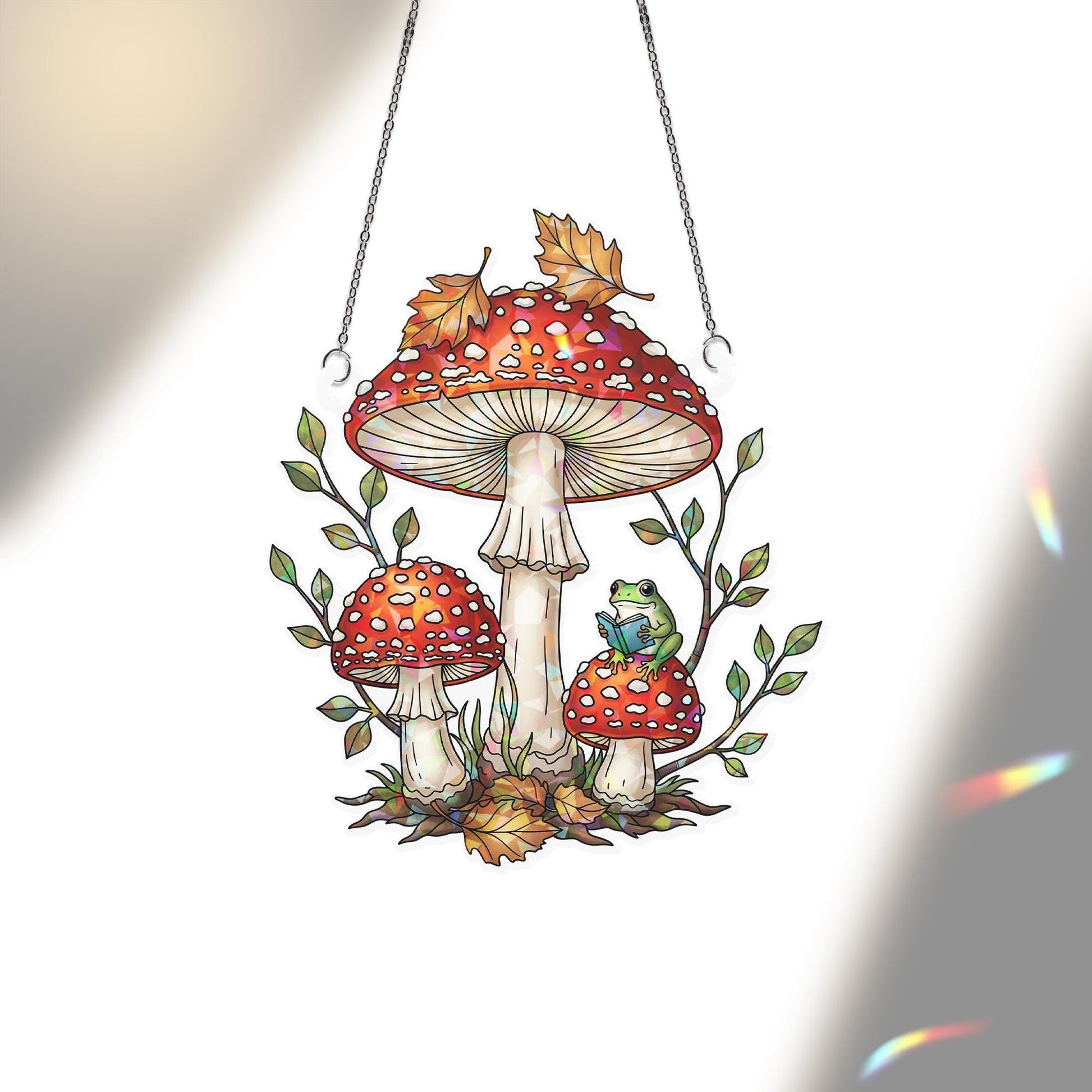 Holographic Mushroom Frog Window Hanging – Cute Forest Toadstool Suncatcher – Cottagecore Fairycore Room Decor Gift