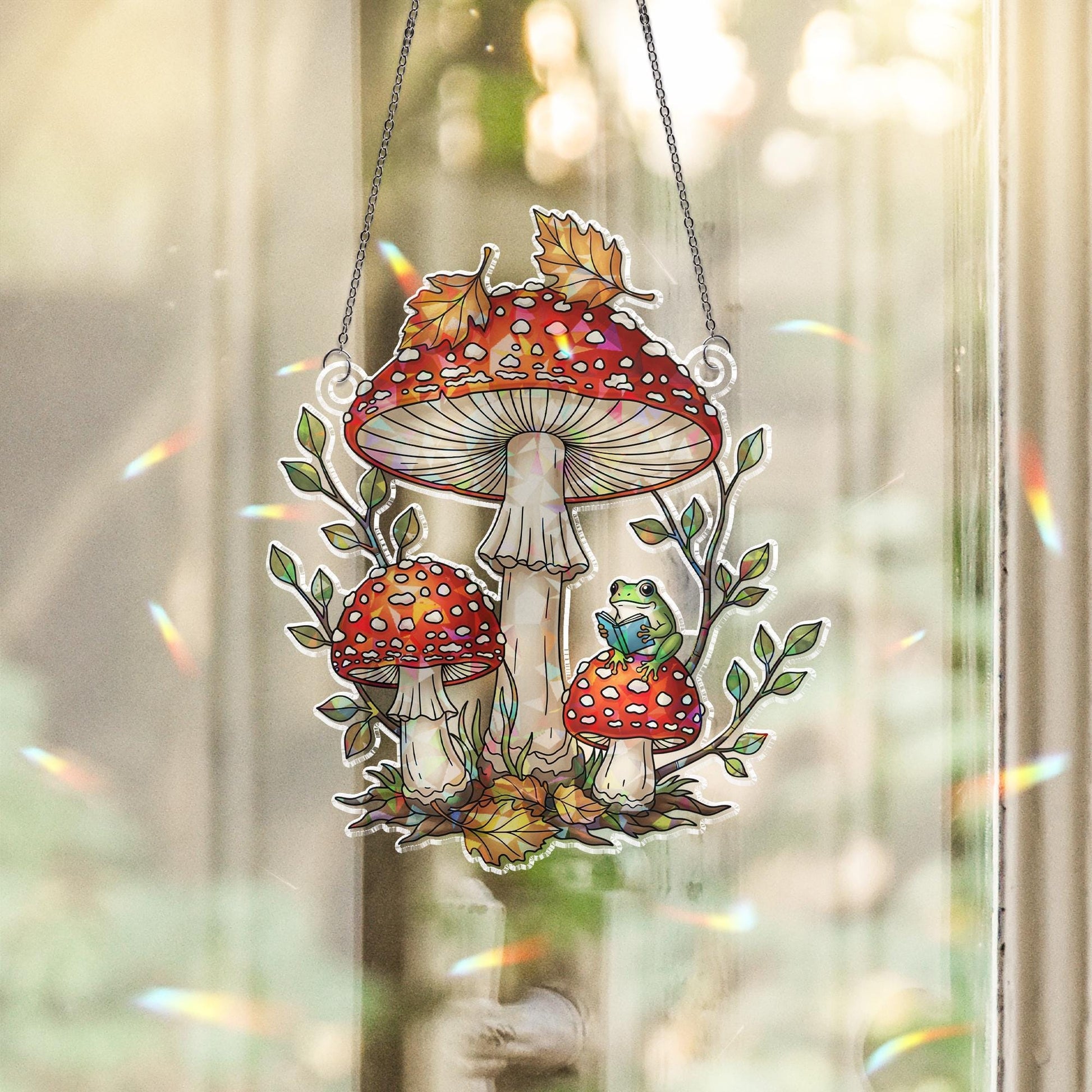 Holographic Mushroom Frog Window Hanging – Cute Forest Toadstool Suncatcher – Cottagecore Fairycore Room Decor Gift