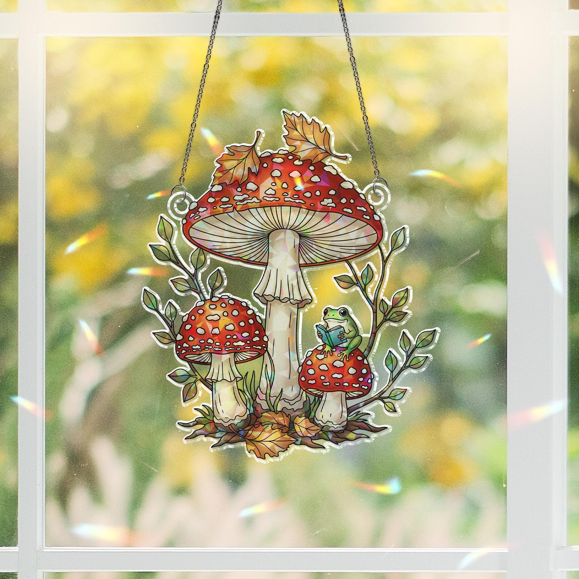 Holographic Mushroom Frog Window Hanging – Cute Forest Toadstool Suncatcher – Cottagecore Fairycore Room Decor Gift