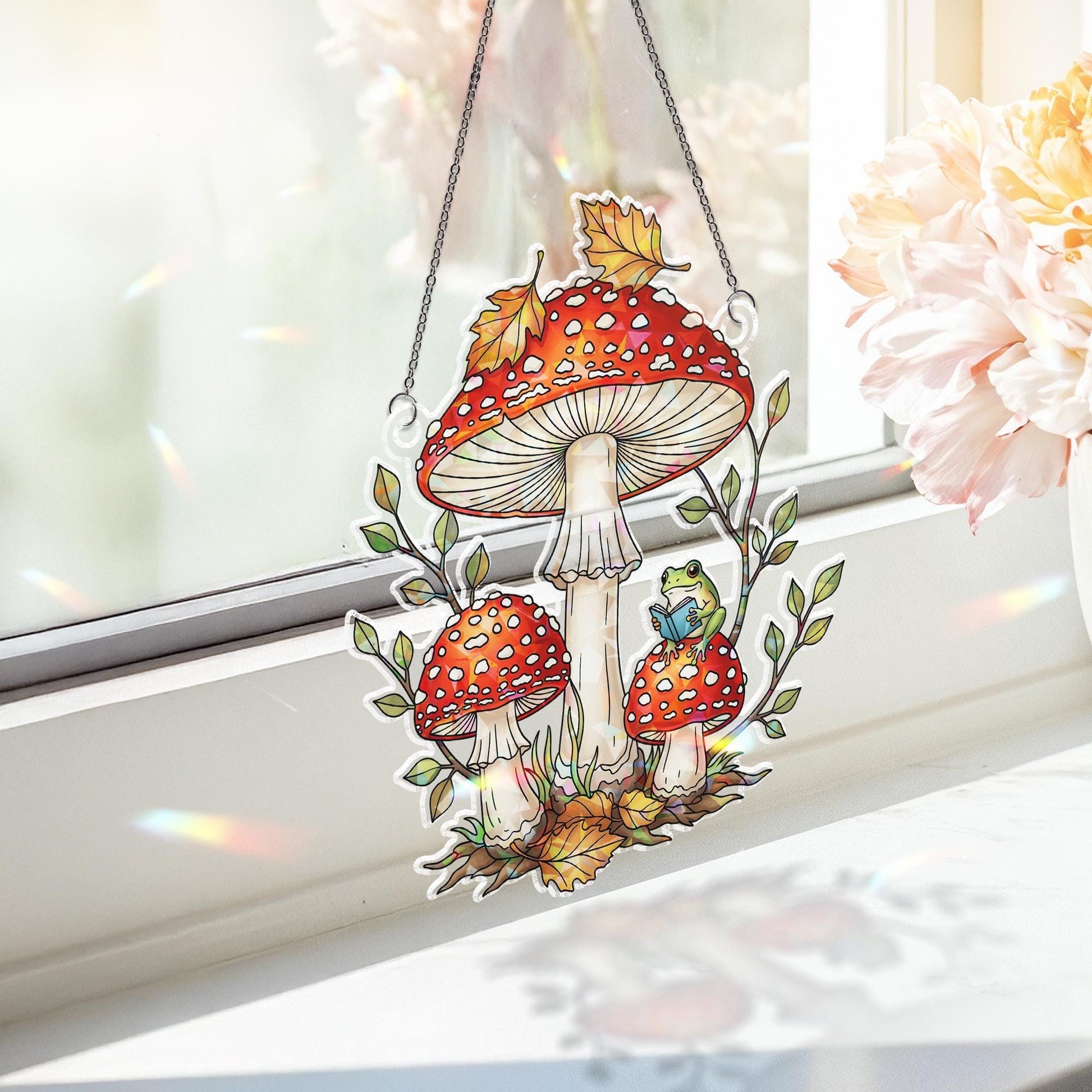 Holographic Mushroom Frog Window Hanging – Cute Forest Toadstool Suncatcher – Cottagecore Fairycore Room Decor Gift