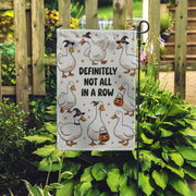 Funny Duck Halloween Garden Flag – “Definitely Not All in a Row” – Cute Fall Outdoor Yard Decor, Witch Goose Holiday Banner