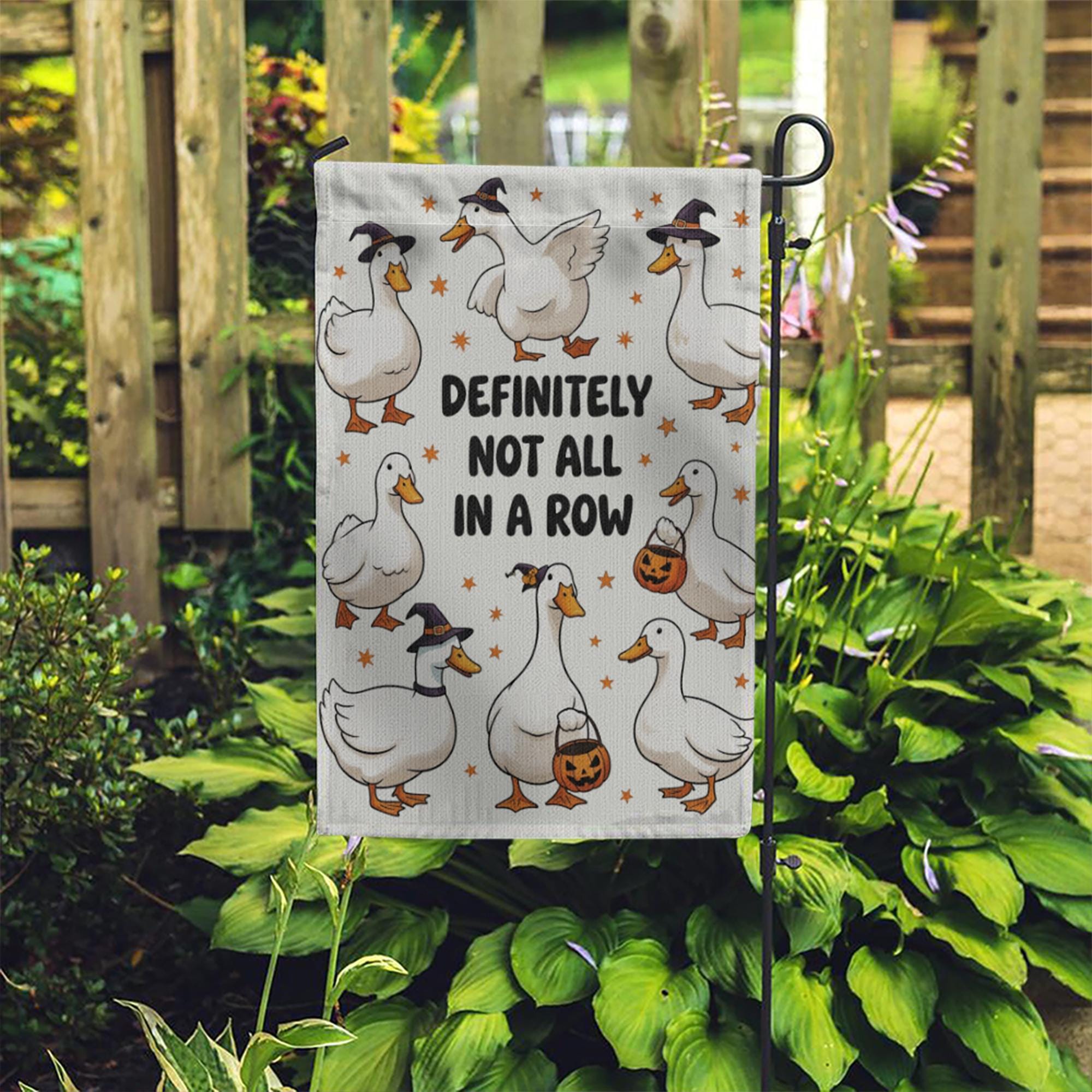 Funny Duck Halloween Garden Flag – “Definitely Not All in a Row” – Cute Fall Outdoor Yard Decor, Witch Goose Holiday Banner