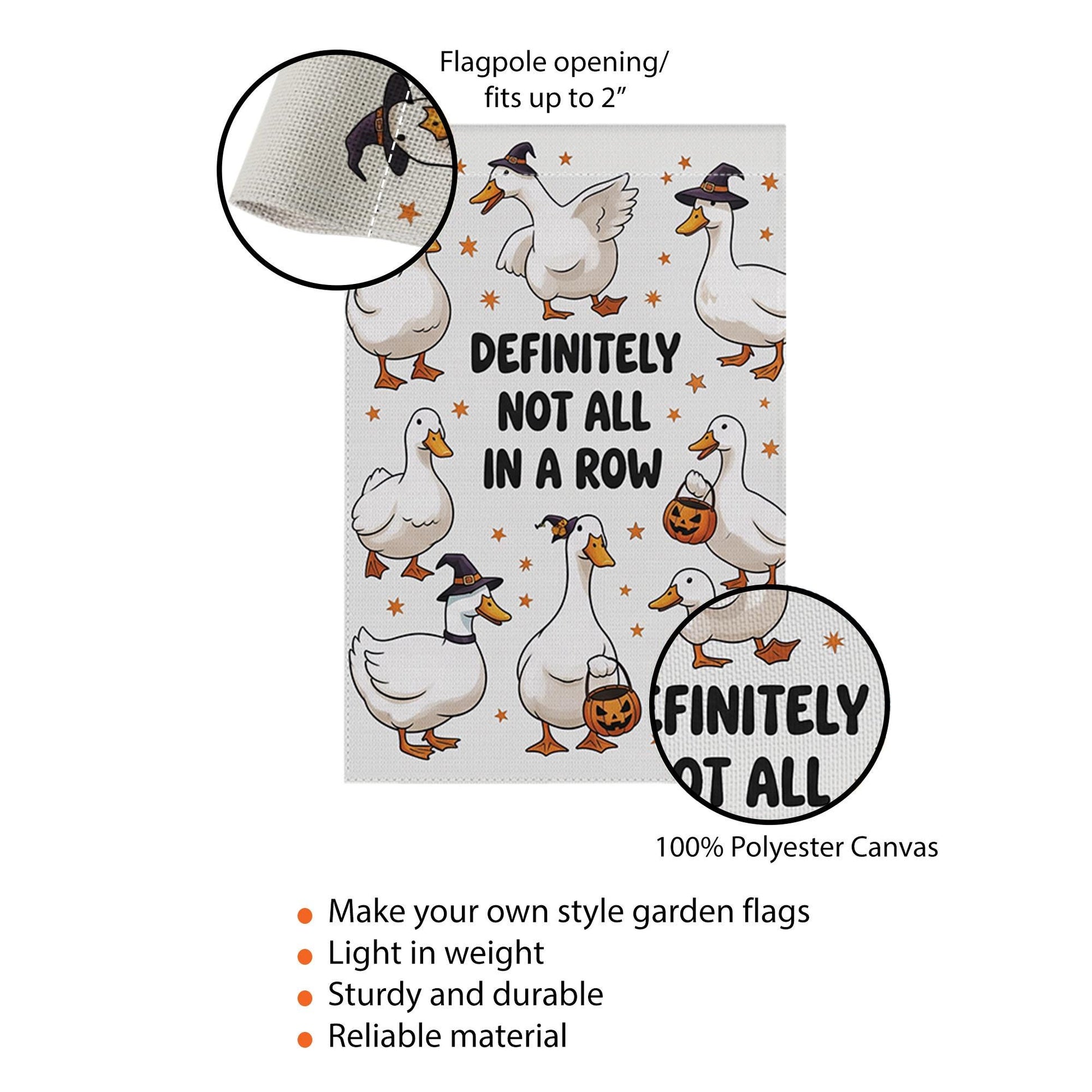 Funny Duck Halloween Garden Flag – “Definitely Not All in a Row” – Cute Fall Outdoor Yard Decor, Witch Goose Holiday Banner