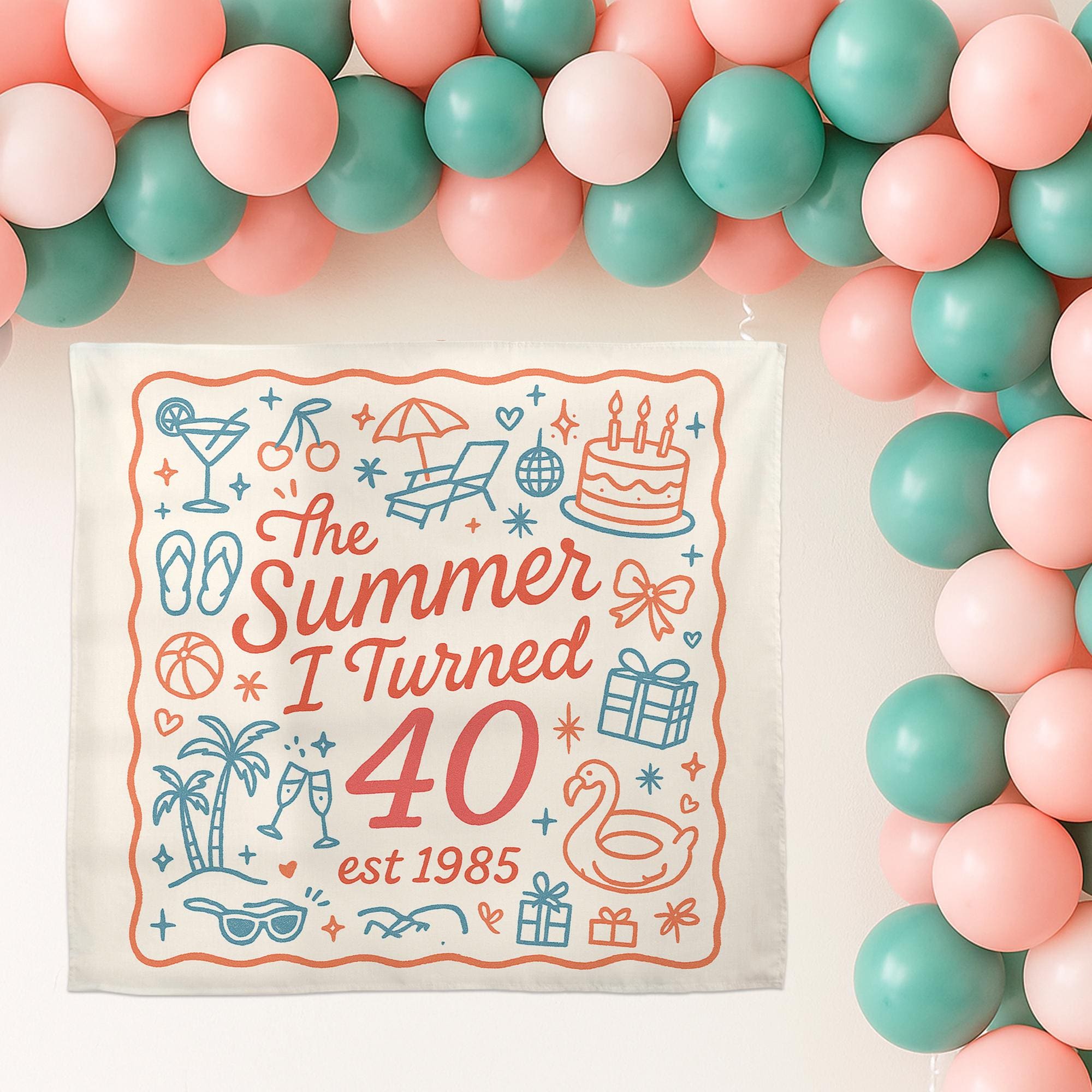 40th Birthday Tapestry, Summer I Turned 40 Wall Decor, 1985 Birthday Gift, Milestone Party Banner, Retro Birthday Decoration
