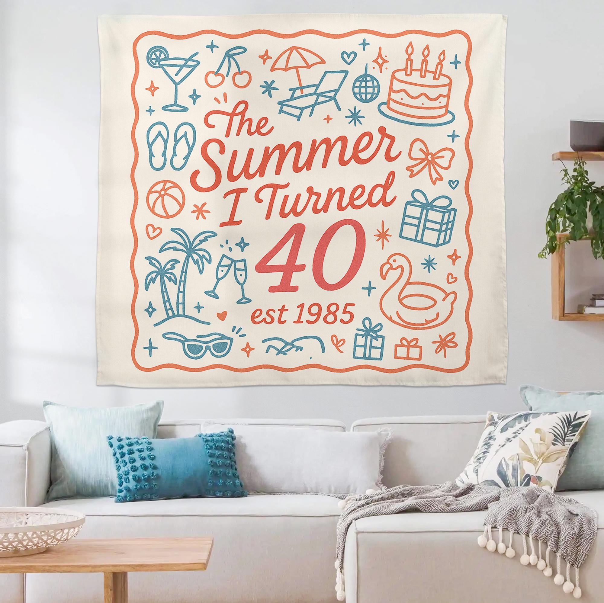 40th Birthday Tapestry, Summer I Turned 40 Wall Decor, 1985 Birthday Gift, Milestone Party Banner, Retro Birthday Decoration