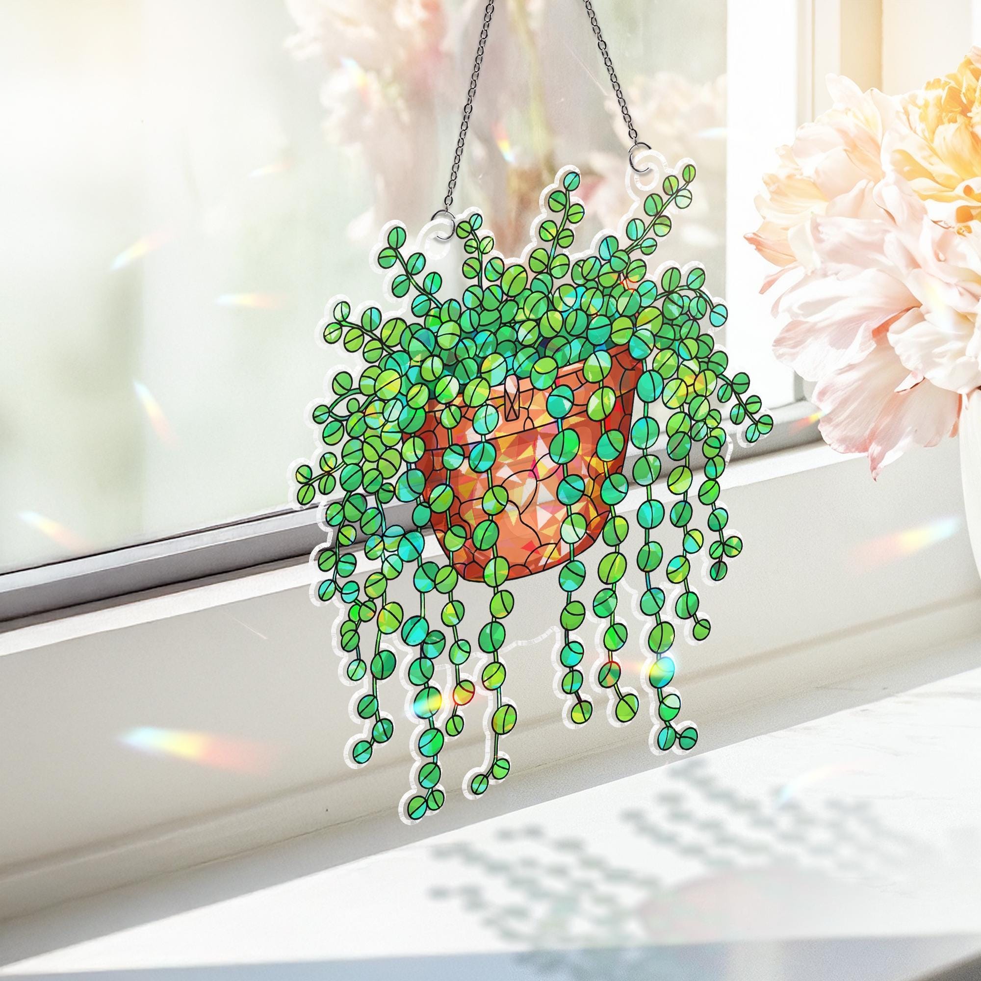 String of Turtles Acrylic Hologram Ornament, Plant garden Hanging decor, Trailing Succulent Window Hanging, Plant Lover Botanical Home Art