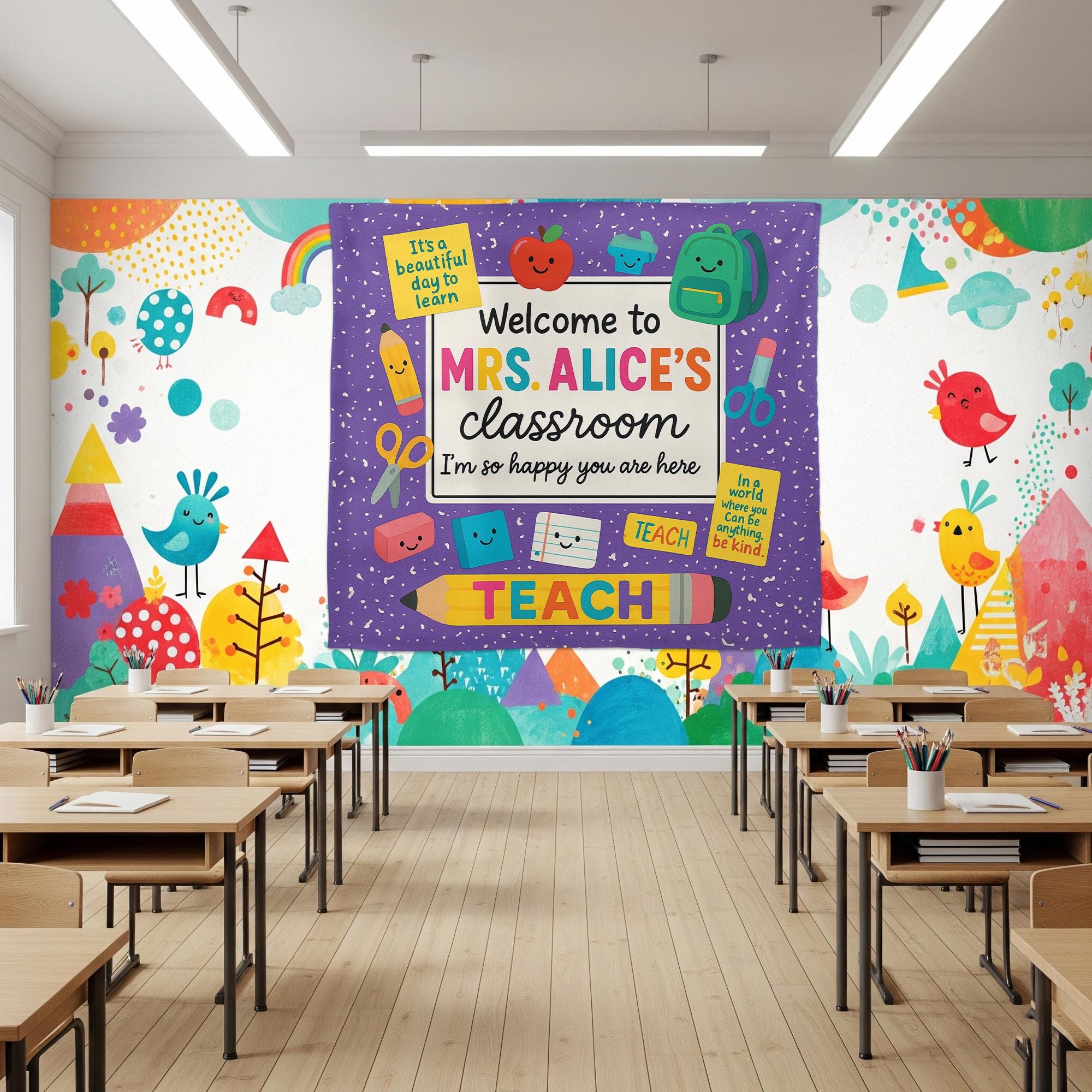 Personalized Teacher Classroom Tapestry, Welcome Back to School Banner, Colorful Wall Decor, Custom Teacher Name Sign