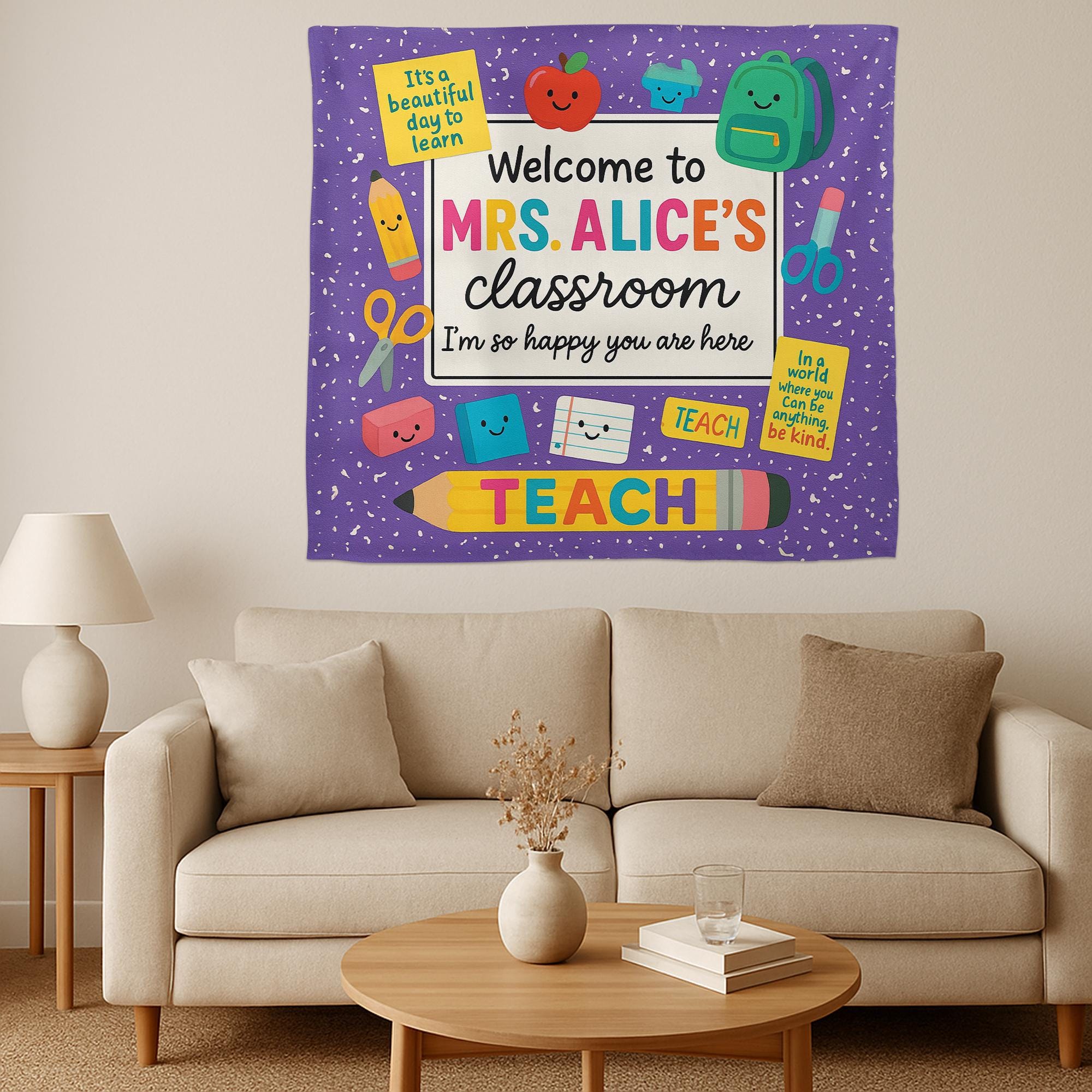 Personalized Teacher Classroom Tapestry, Welcome Back to School Banner, Colorful Wall Decor, Custom Teacher Name Sign