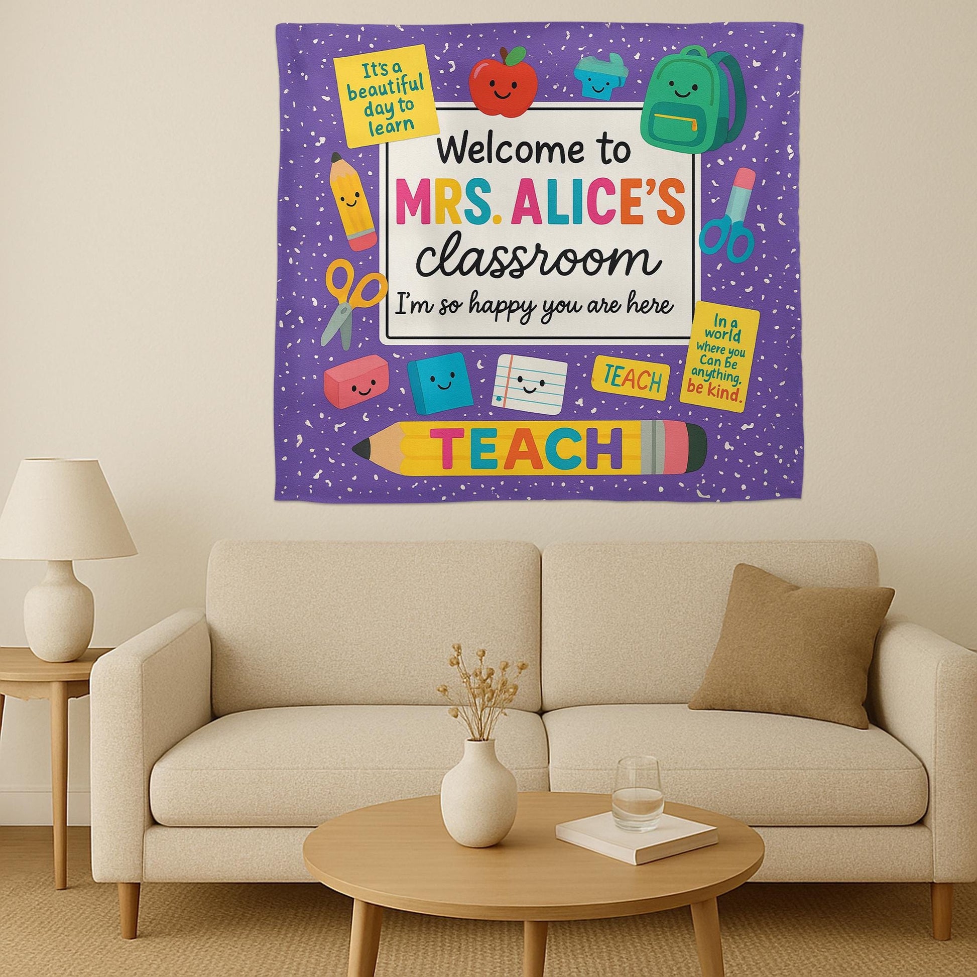 Personalized Teacher Classroom Tapestry, Welcome Back to School Banner, Colorful Wall Decor, Custom Teacher Name Sign