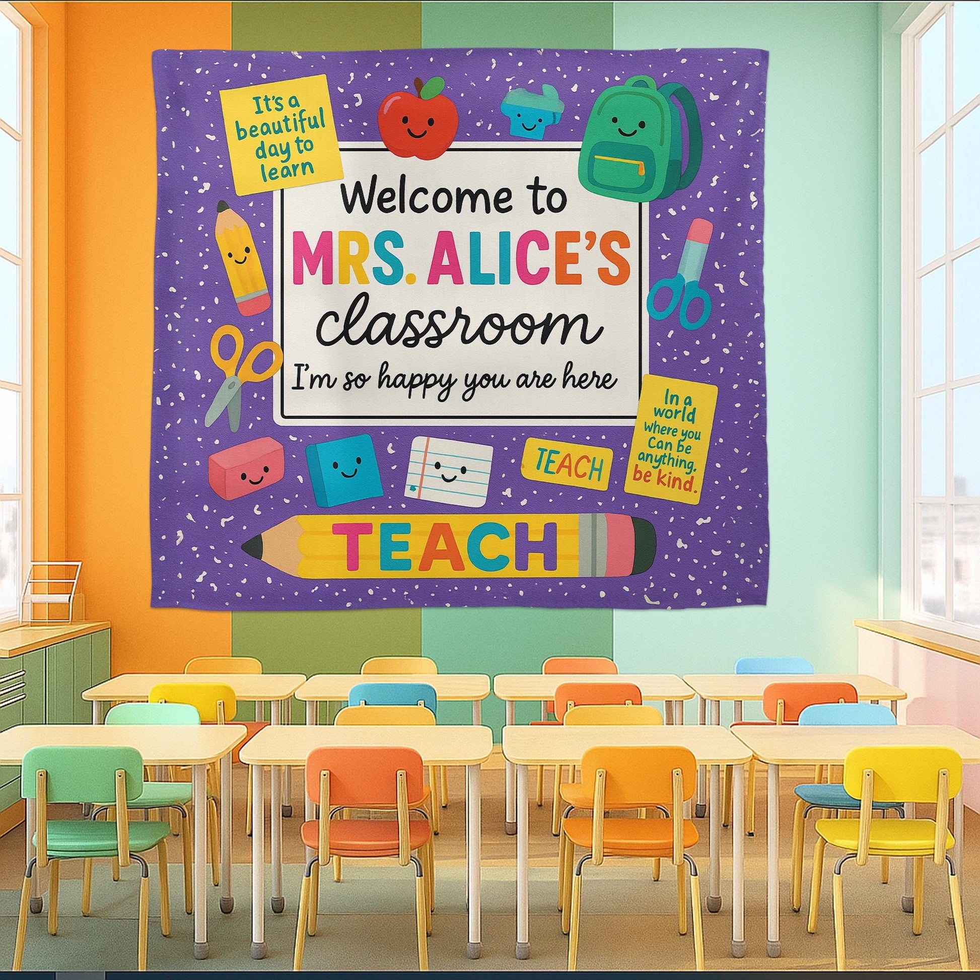 Personalized Teacher Classroom Tapestry, Welcome Back to School Banner, Colorful Wall Decor, Custom Teacher Name Sign