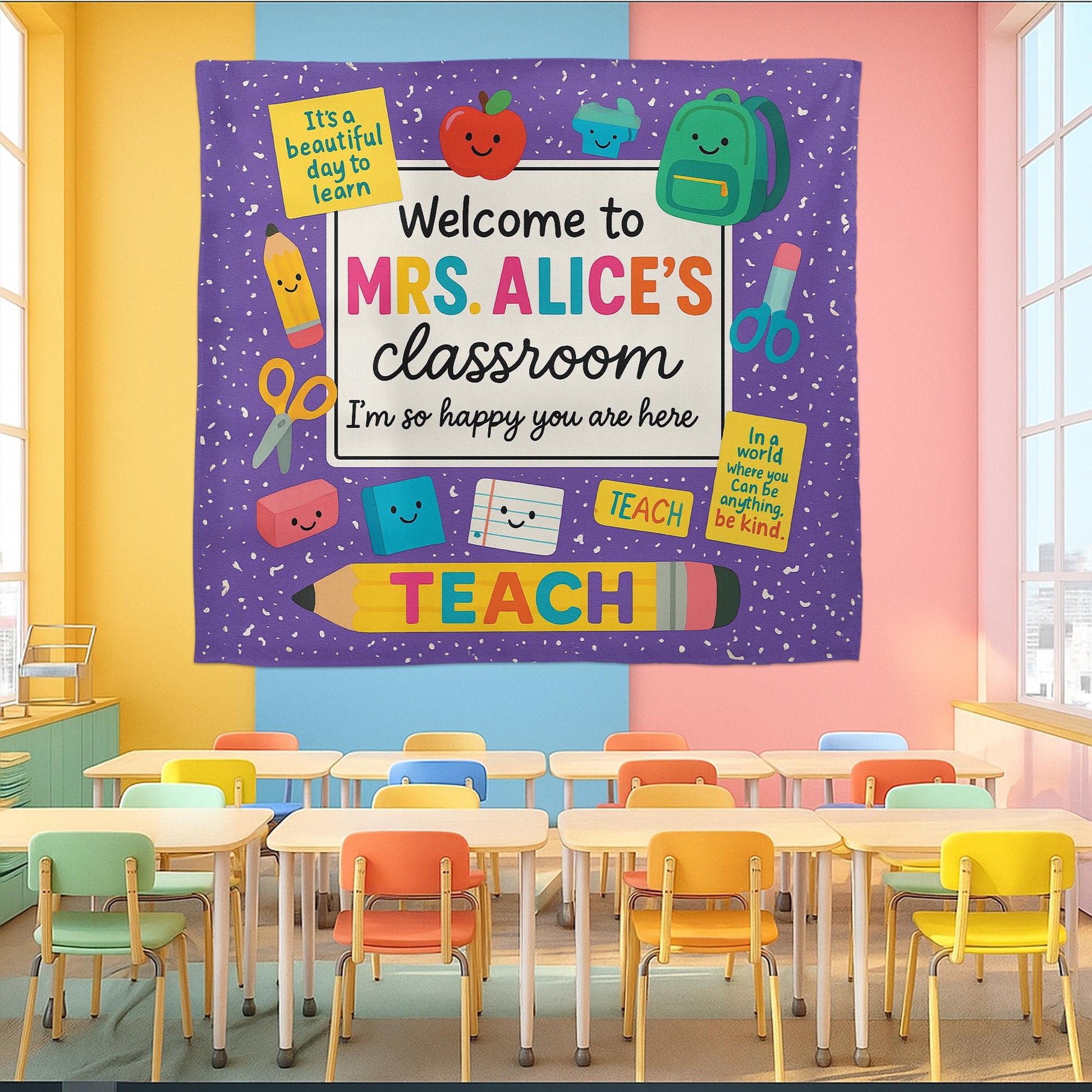 Personalized Teacher Classroom Tapestry, Welcome Back to School Banner, Colorful Wall Decor, Custom Teacher Name Sign