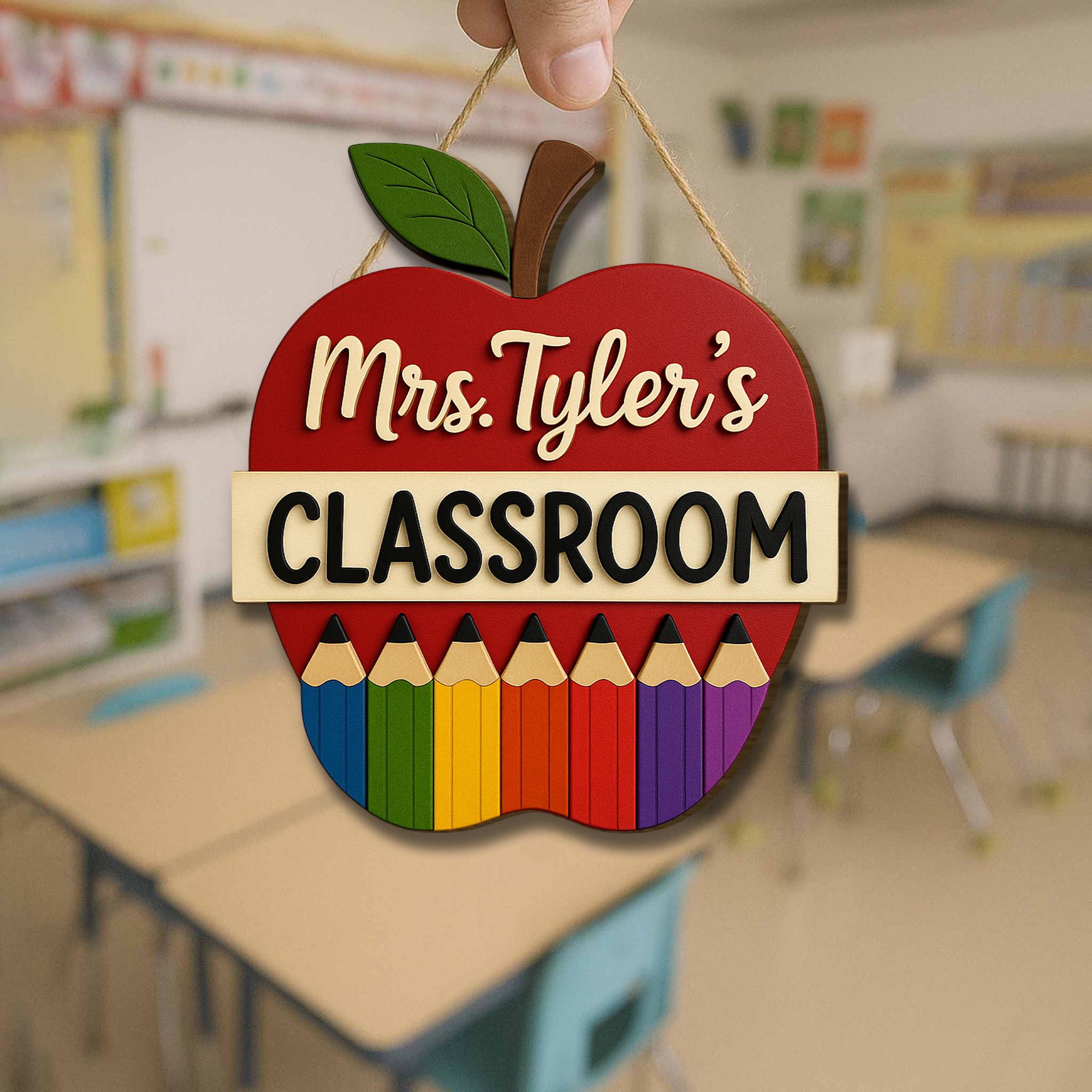 Personalized Teacher Classroom Sign, Wooden Apple Door Hanger, Rainbow Pencil Decor, Custom Back to School Gift for Educators
