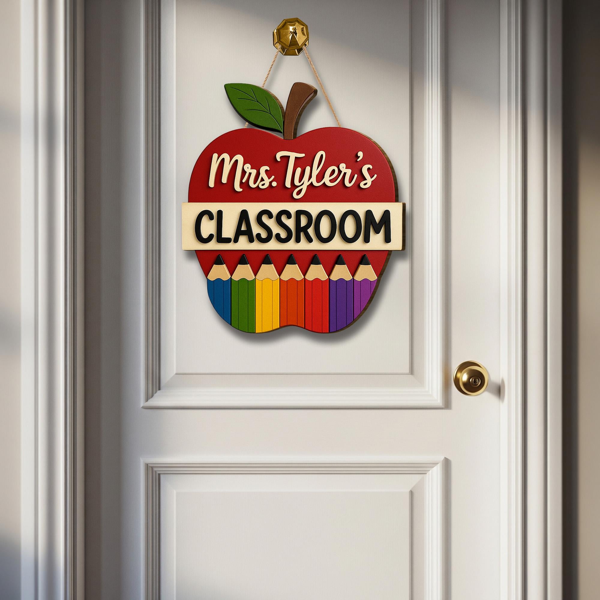 Personalized Teacher Classroom Sign, Wooden Apple Door Hanger, Rainbow Pencil Decor, Custom Back to School Gift for Educators