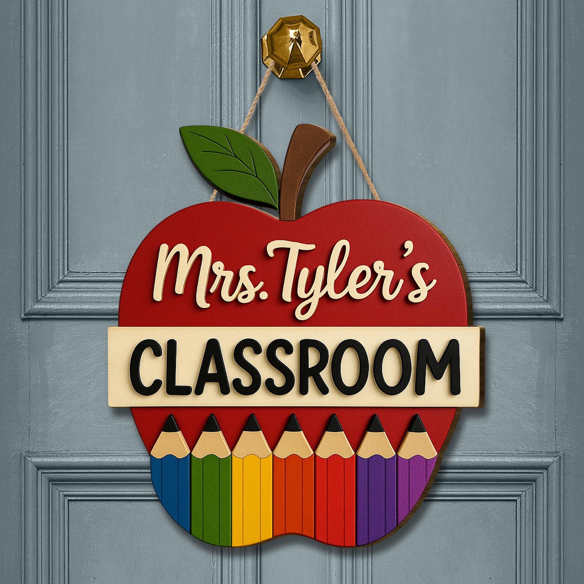 Personalized Teacher Classroom Sign, Wooden Apple Door Hanger, Rainbow Pencil Decor, Custom Back to School Gift for Educators