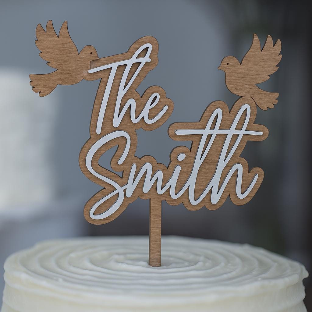 Custom Wedding Cake Topper with Doves – Personalized Last Name Cake Topper – Rustic Script Bridal Shower Decor – Elegant Couple Keepsake