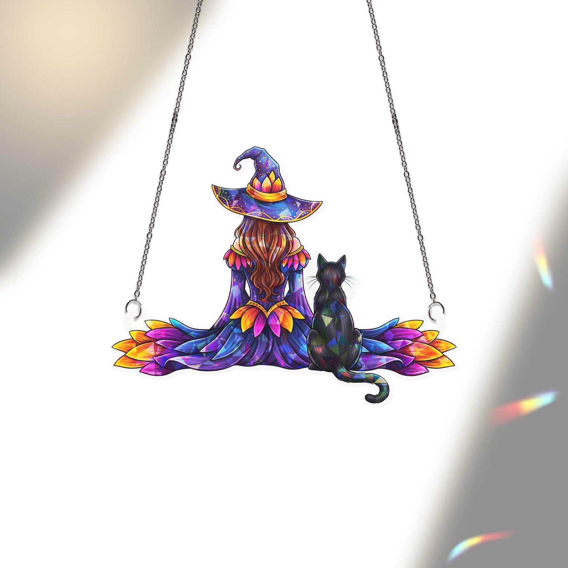 Colorful Witch and Black Cat Suncatcher, Stained Glass Window Hanging, Fall Halloween Witchy Decor, Cozy Cottagecore Gift Idea