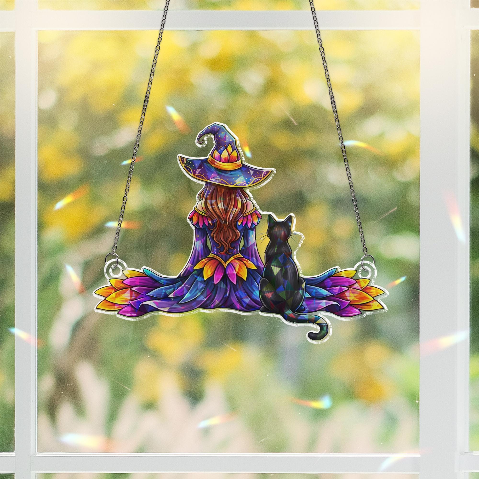 Colorful Witch and Black Cat Suncatcher, Stained Glass Window Hanging, Fall Halloween Witchy Decor, Cozy Cottagecore Gift Idea