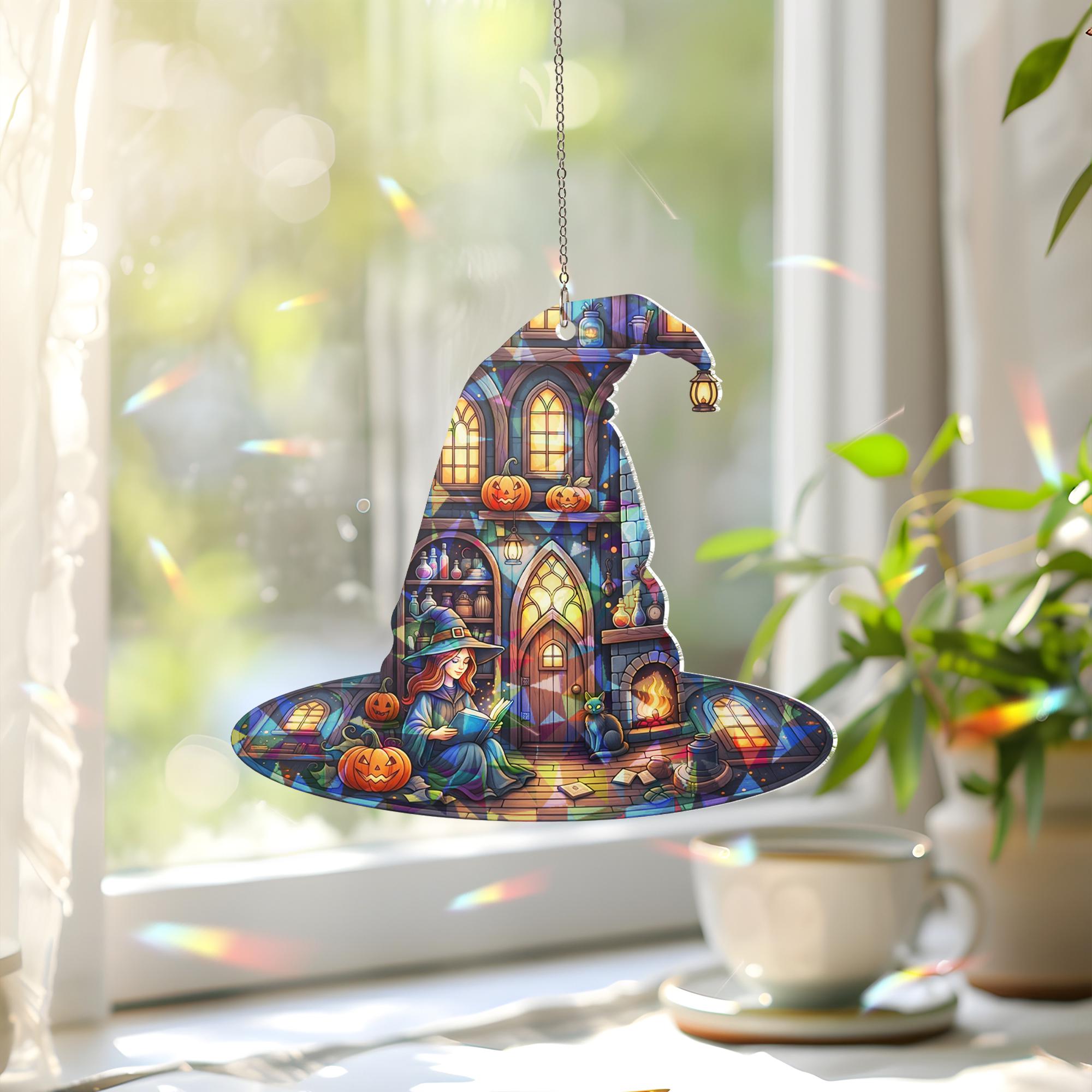 Witch Hat Cottage Suncatcher, Halloween Stained Glass Window Decor, Cozy Witch Home Art, Gothic Pumpkin Fireplace Hanging Gift