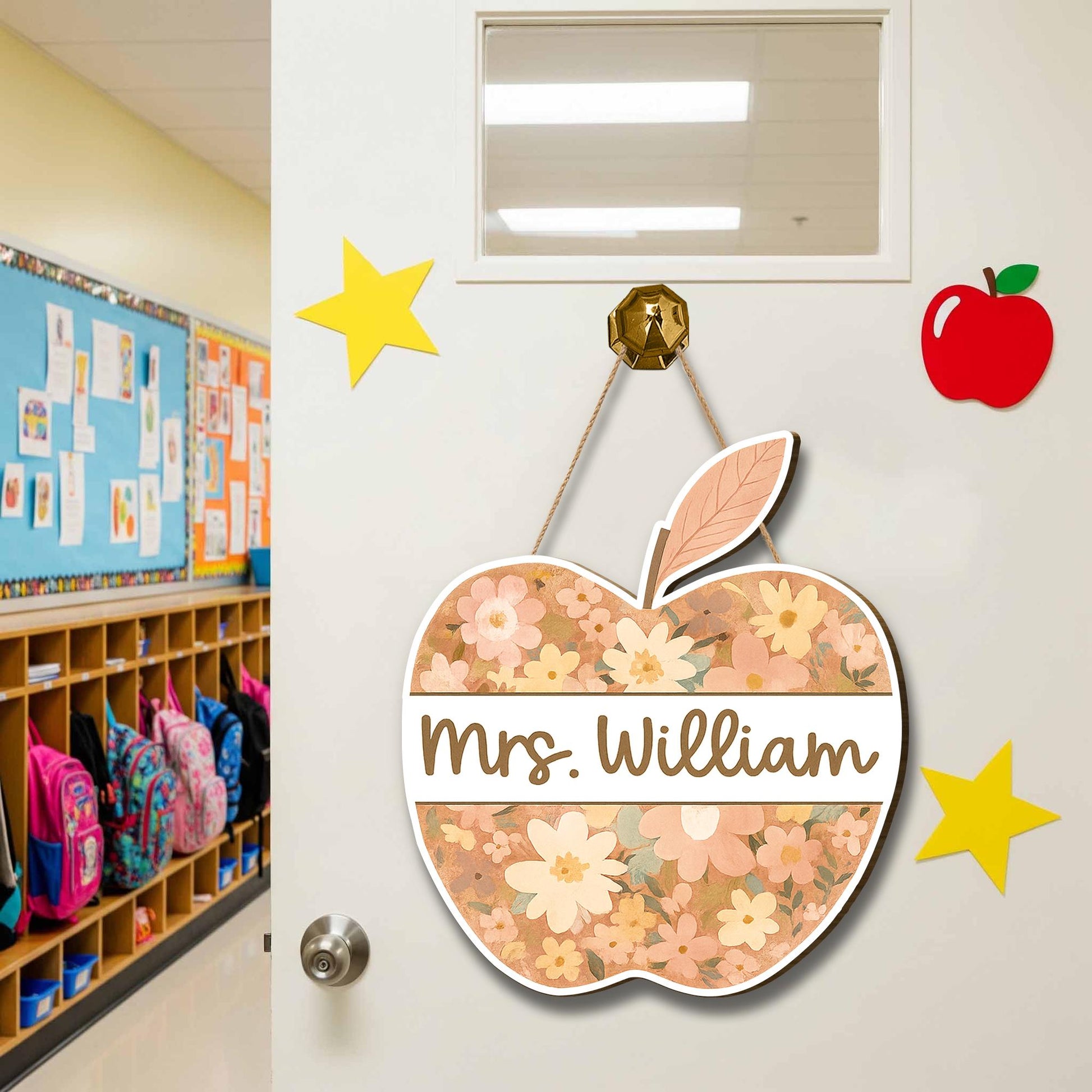 Personalized Teacher Door Hanger, Floral Apple Welcome Sign, Custom Classroom Decor, Back to School Gift, Teacher Name Sign