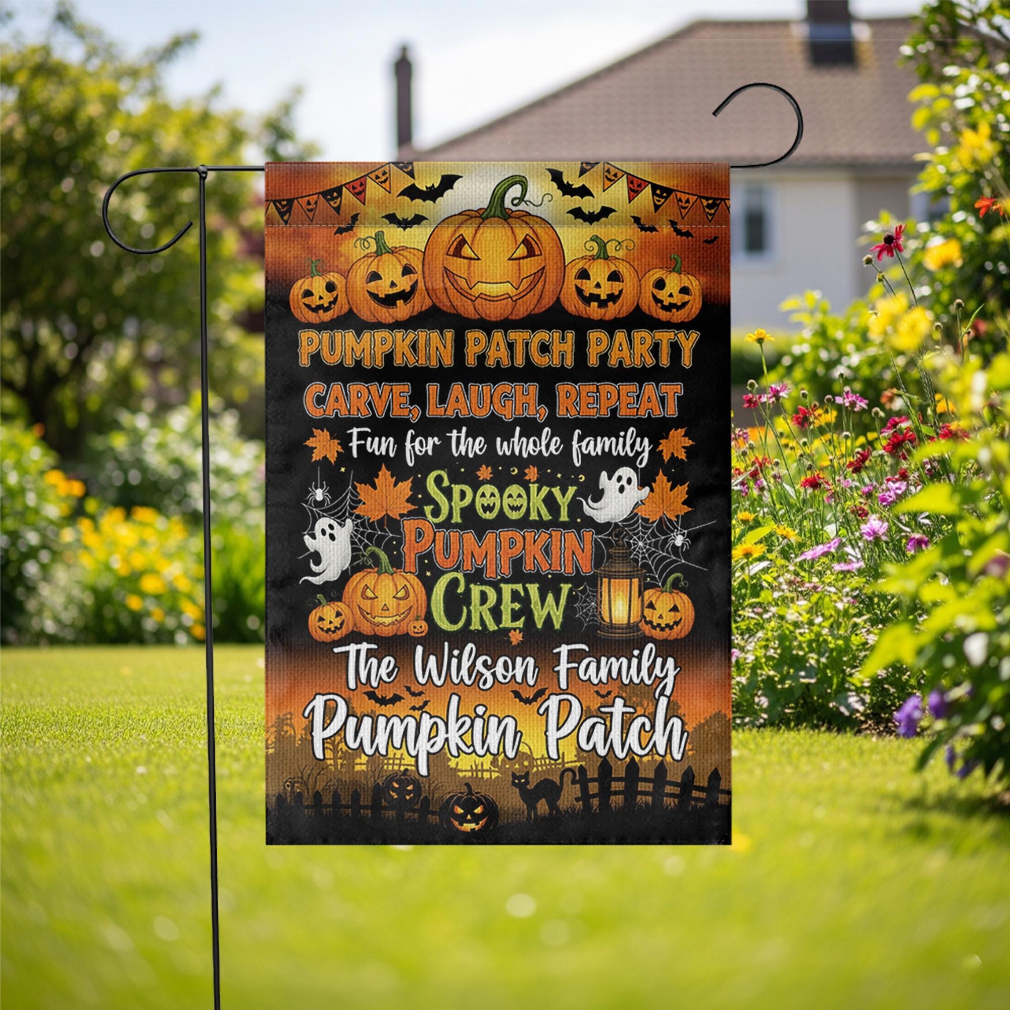 Personalized Pumpkin Patch Garden Flag, Fall Halloween Outdoor Banner, Spooky Pumpkin Family Yard Sign, Custom Autumn Decor Gift