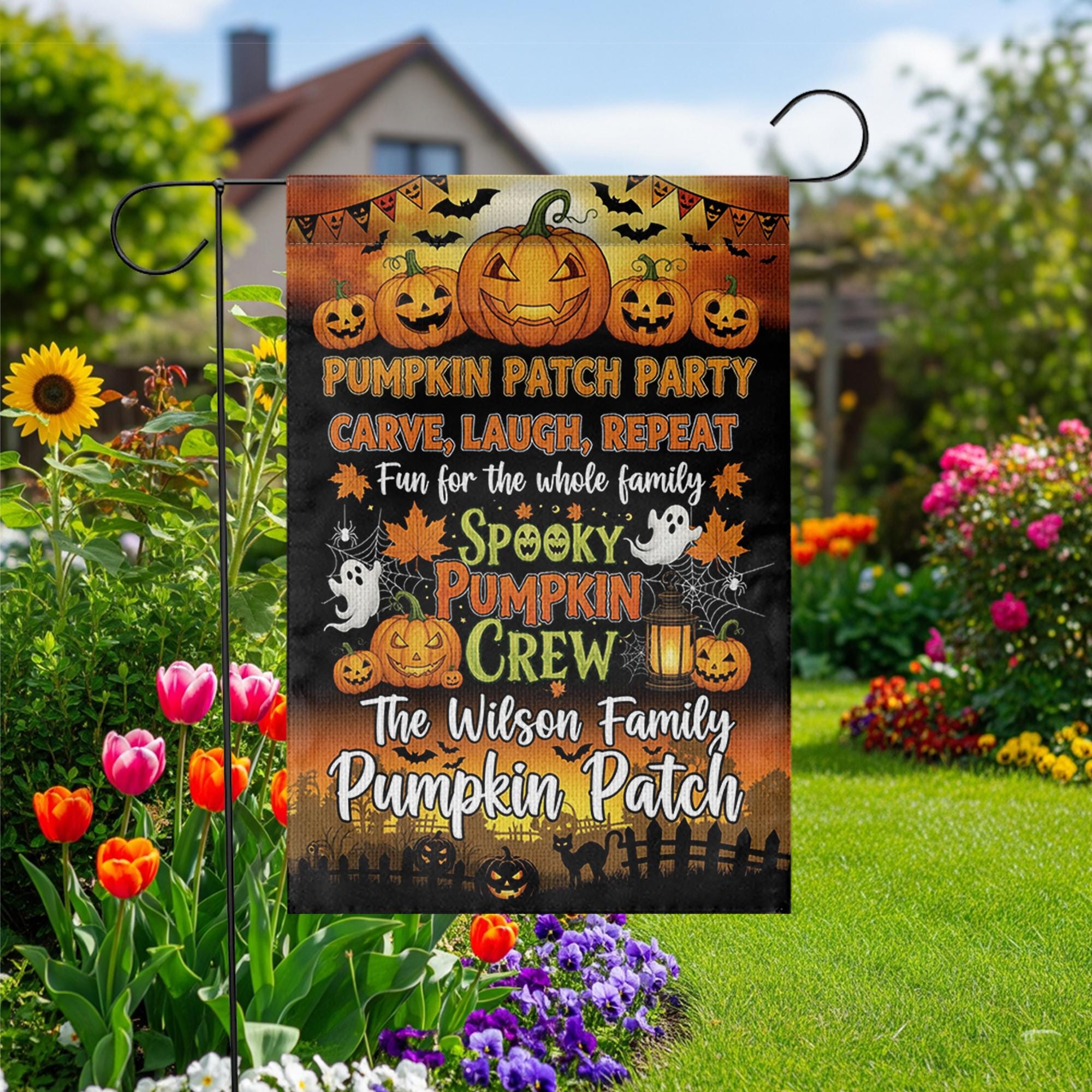 Personalized Pumpkin Patch Garden Flag, Fall Halloween Outdoor Banner, Spooky Pumpkin Family Yard Sign, Custom Autumn Decor Gift