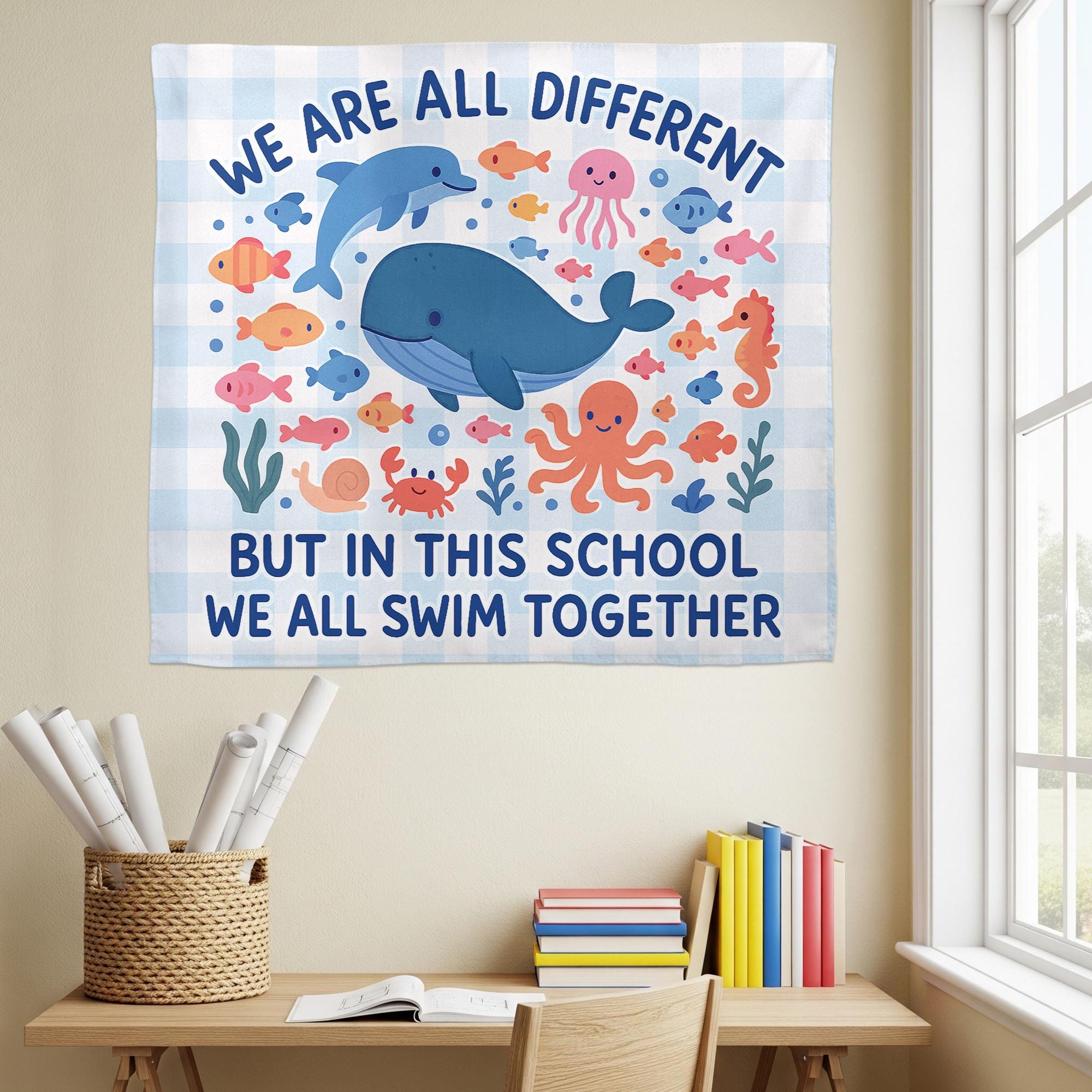 We All Swim Together Classroom Banner, Ocean Theme School Tapestry, Diversity Poster, Teacher Wall Decor, Back to School Sign