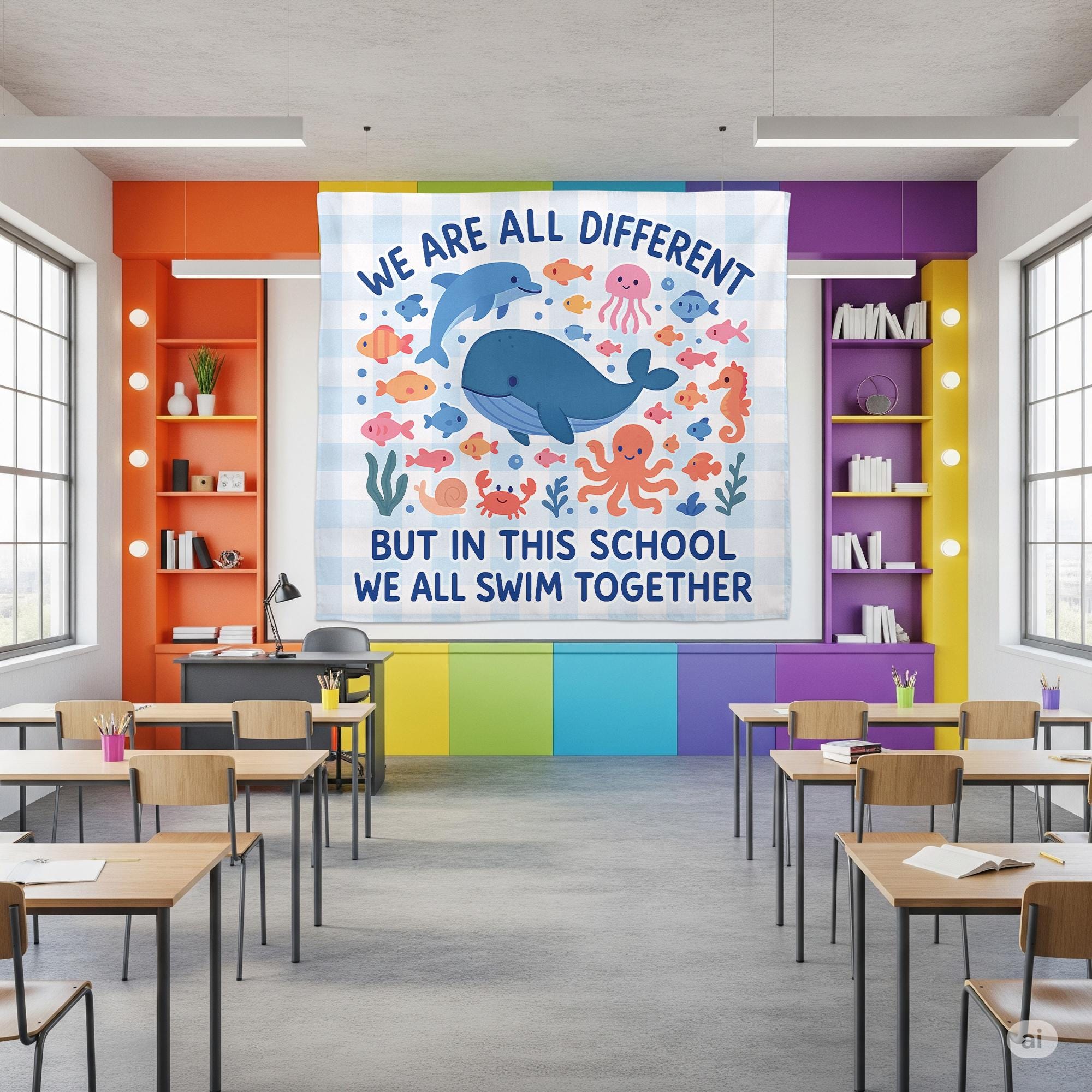 We All Swim Together Classroom Banner, Ocean Theme School Tapestry, Diversity Poster, Teacher Wall Decor, Back to School Sign
