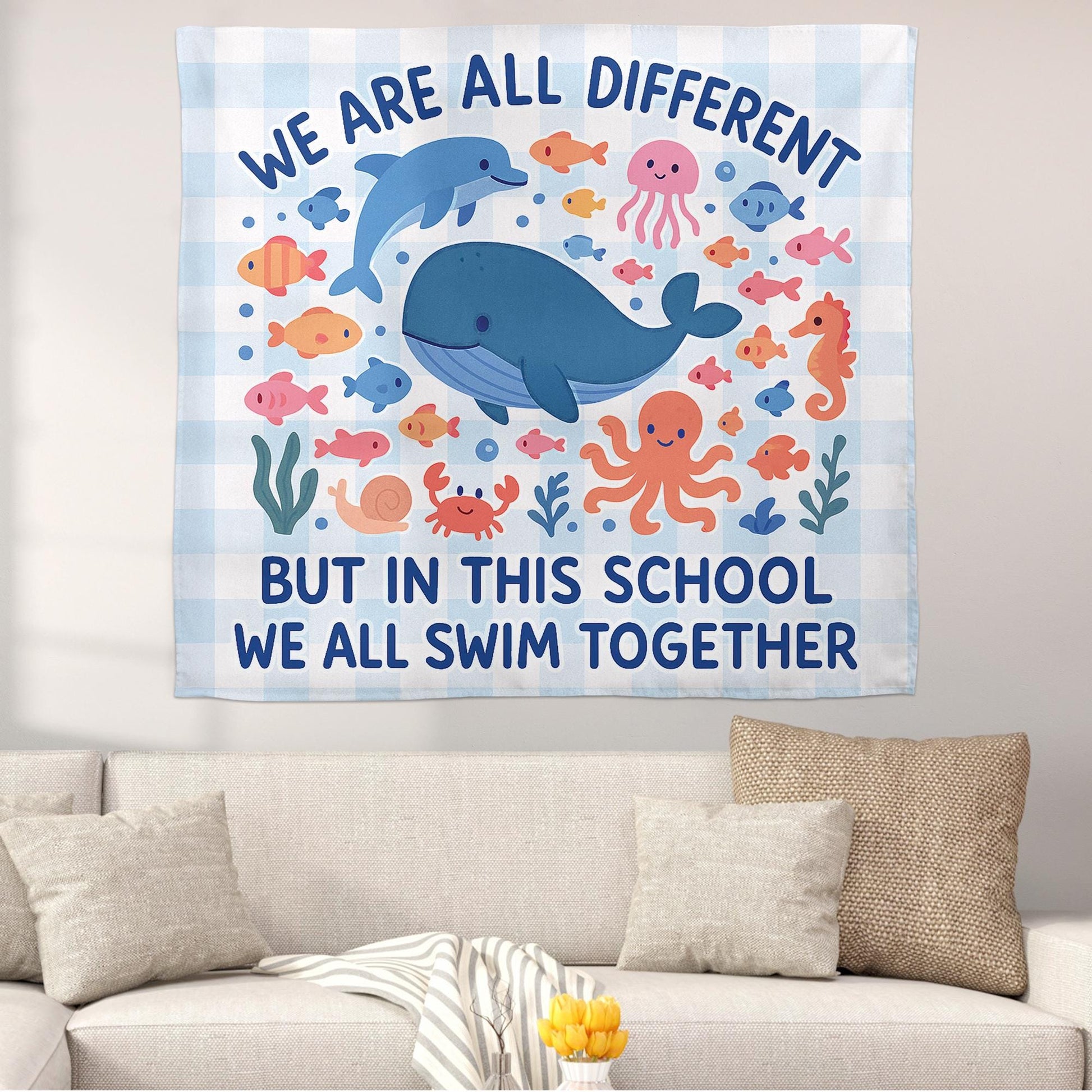 We All Swim Together Classroom Banner, Ocean Theme School Tapestry, Diversity Poster, Teacher Wall Decor, Back to School Sign