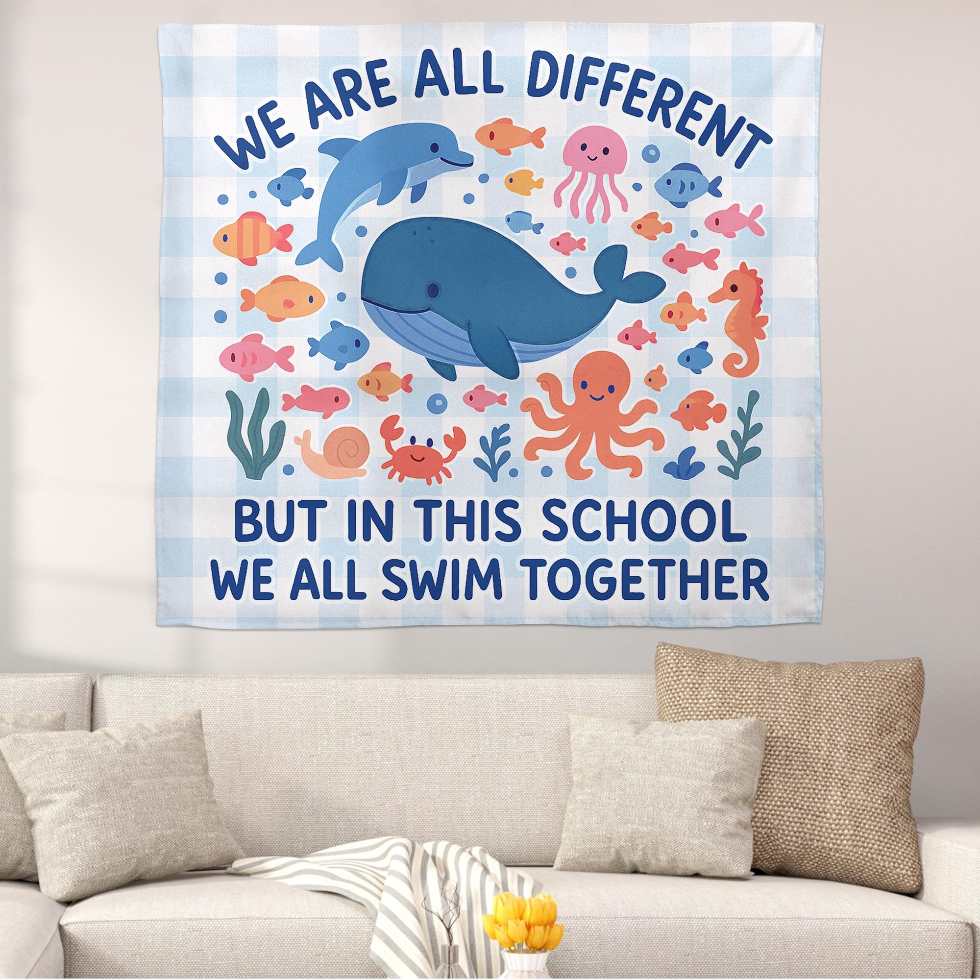 We All Swim Together Classroom Banner, Ocean Theme School Tapestry, Diversity Poster, Teacher Wall Decor, Back to School Sign