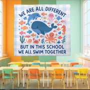 We All Swim Together Classroom Banner, Ocean Theme School Tapestry, Diversity Poster, Teacher Wall Decor, Back to School Sign