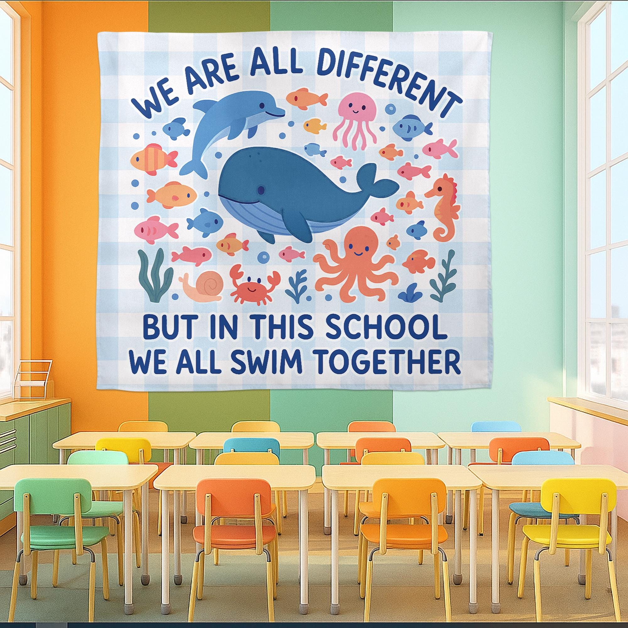 We All Swim Together Classroom Banner, Ocean Theme School Tapestry, Diversity Poster, Teacher Wall Decor, Back to School Sign