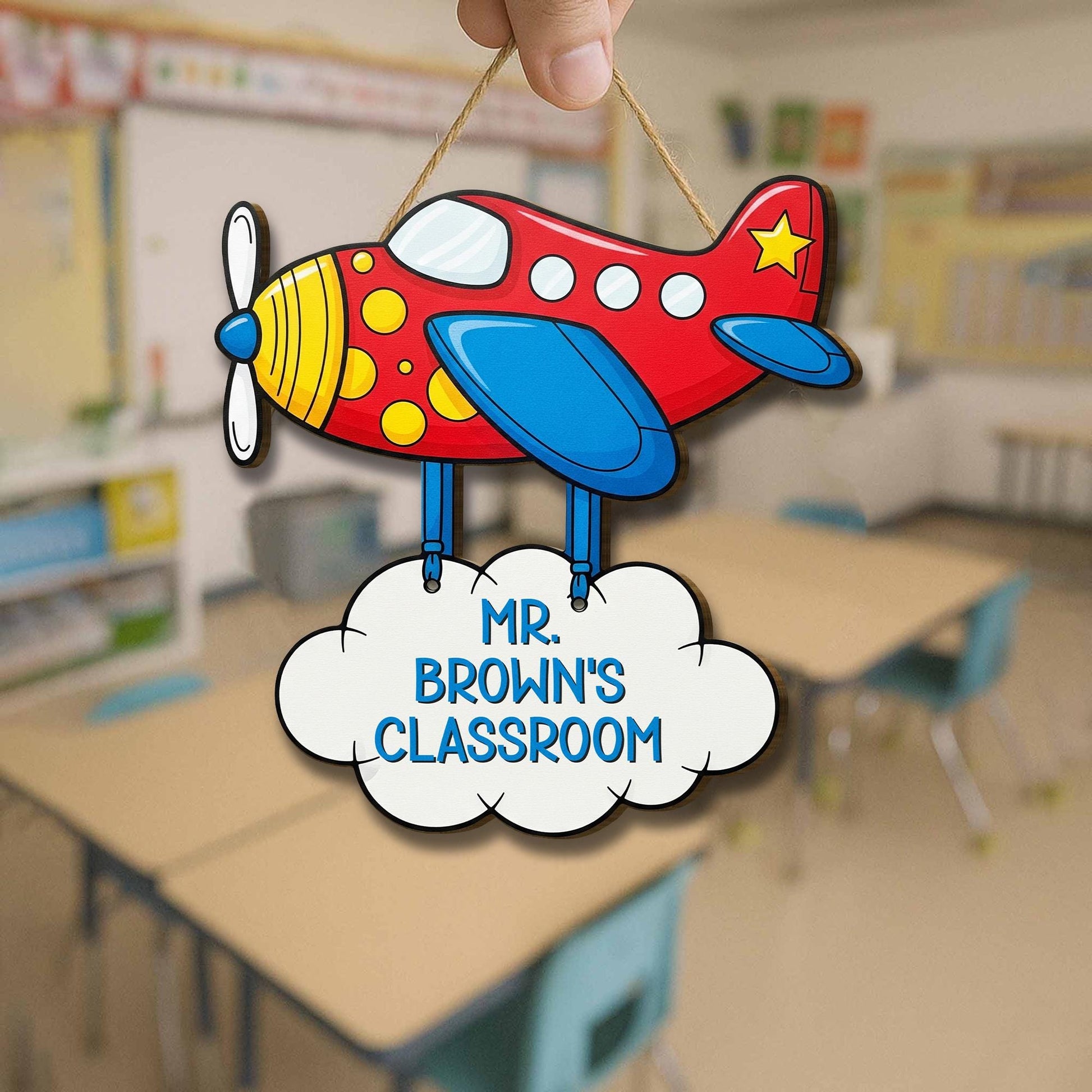 Personalized Airplane Classroom Door Sign for Teachers, Custom Name Teacher Sign, Cute Plane Back to School Classroom Decor, Cloud Door Sign