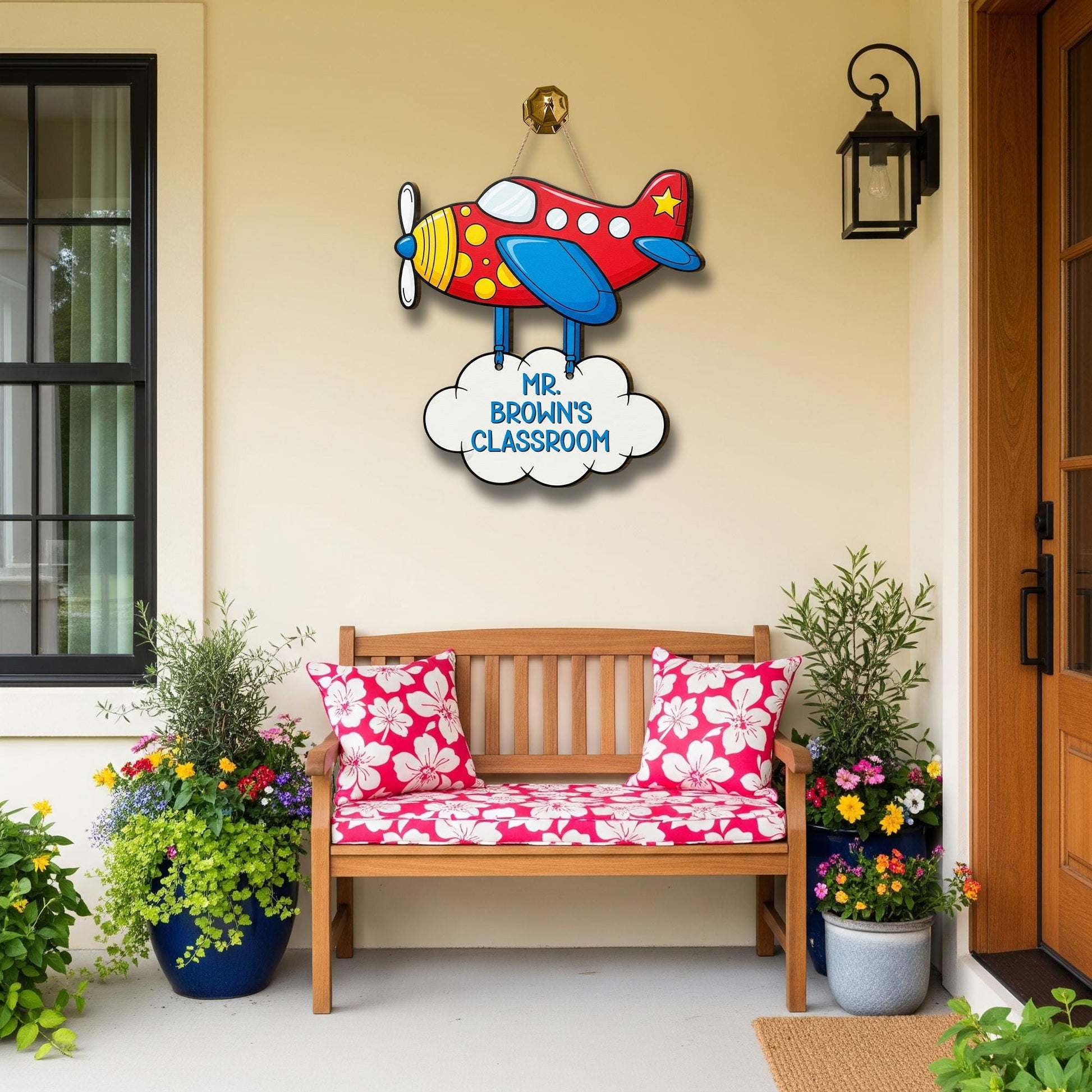 Personalized Airplane Classroom Door Sign for Teachers, Custom Name Teacher Sign, Cute Plane Back to School Classroom Decor, Cloud Door Sign