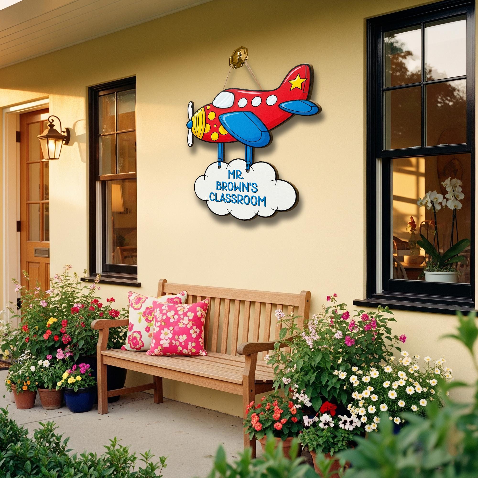 Personalized Airplane Classroom Door Sign for Teachers, Custom Name Teacher Sign, Cute Plane Back to School Classroom Decor, Cloud Door Sign