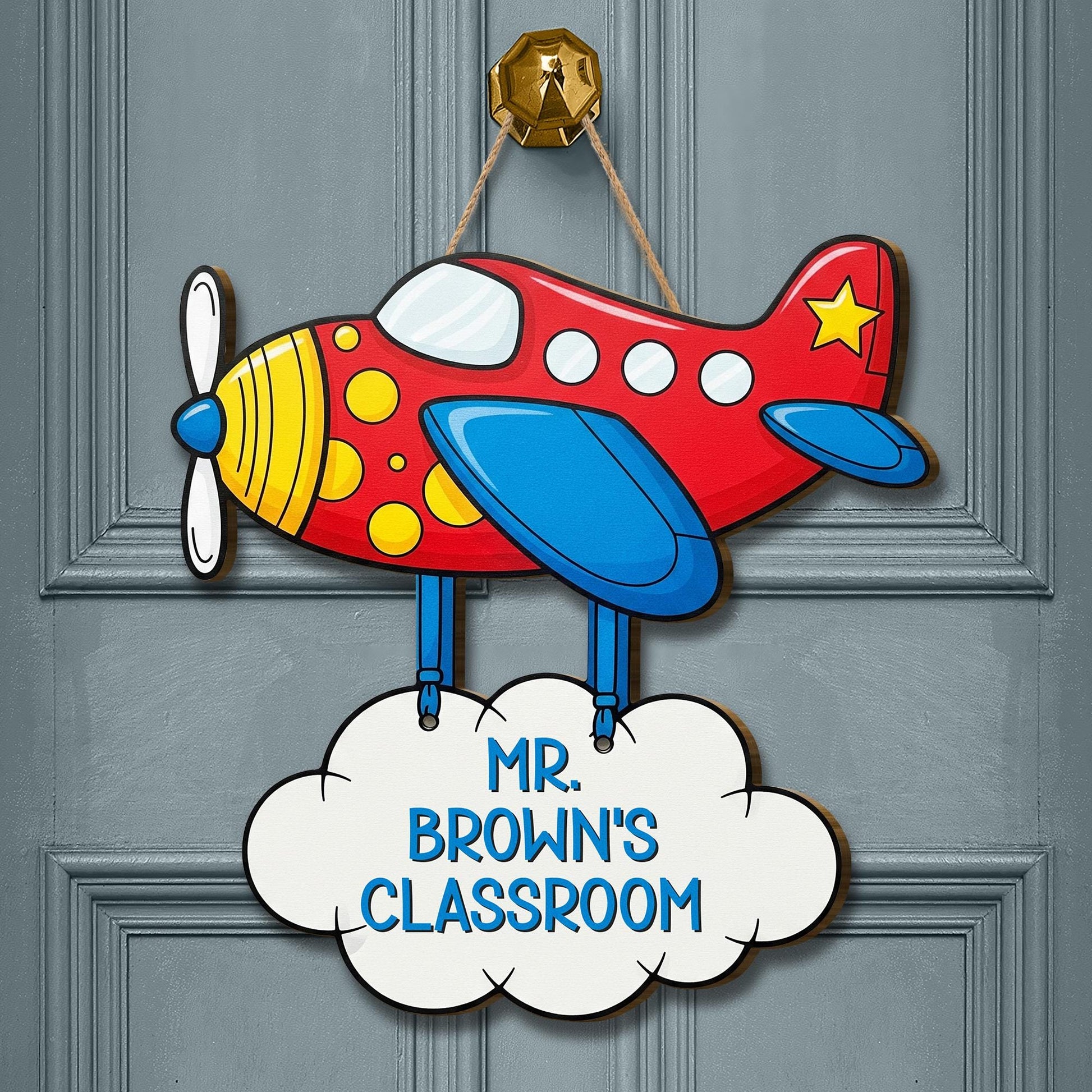 Personalized Airplane Classroom Door Sign for Teachers, Custom Name Teacher Sign, Cute Plane Back to School Classroom Decor, Cloud Door Sign