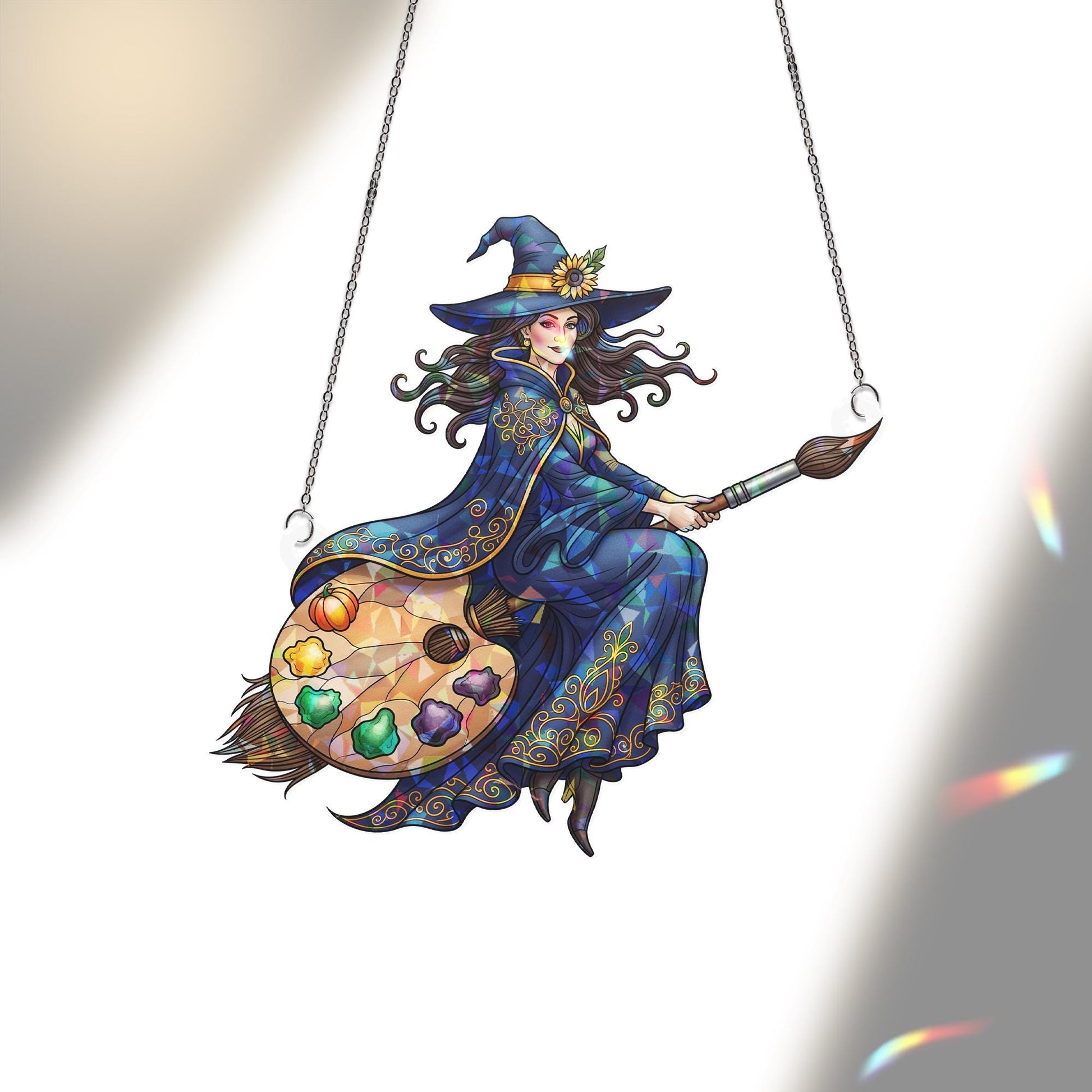 Artist Witch Suncatcher, Stained Glass Window Hanging, Halloween Painter Decor, Color Palette Broom Art, Creative Witch Gift