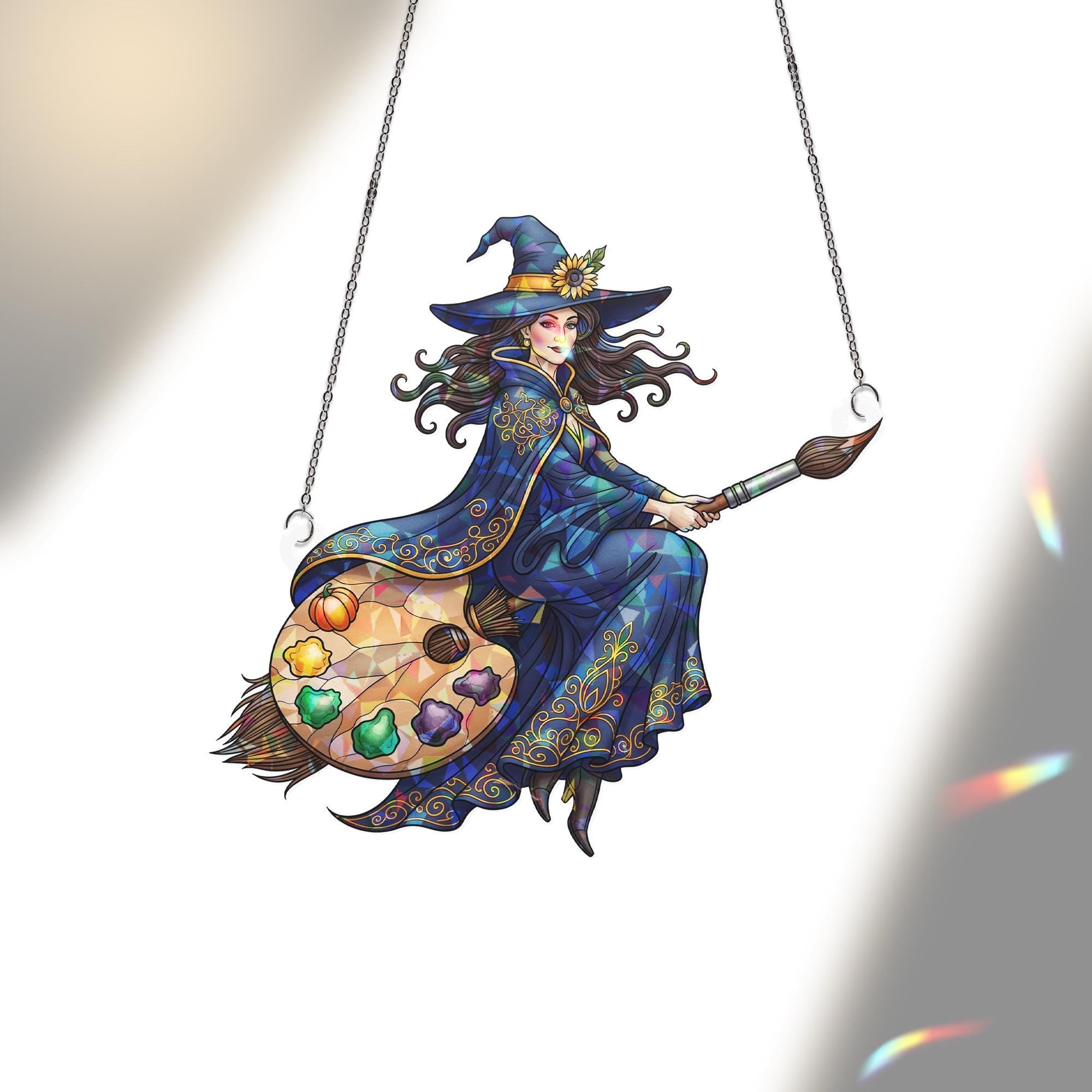 Artist Witch Suncatcher, Stained Glass Window Hanging, Halloween Painter Decor, Color Palette Broom Art, Creative Witch Gift