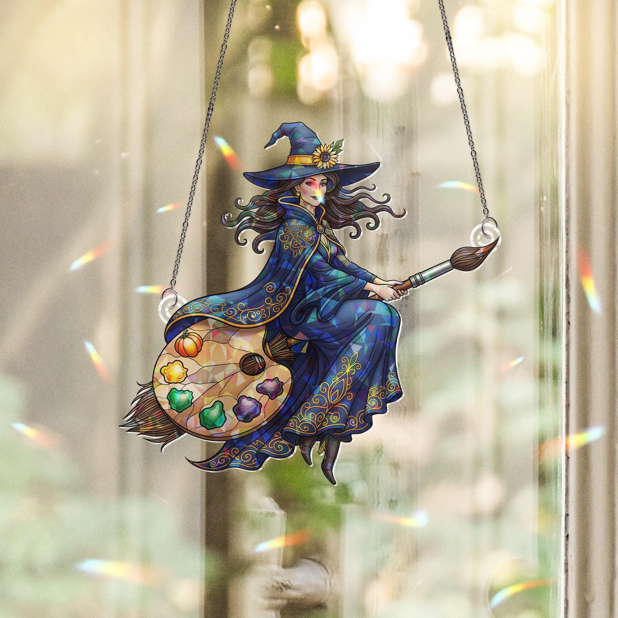 Artist Witch Suncatcher, Stained Glass Window Hanging, Halloween Painter Decor, Color Palette Broom Art, Creative Witch Gift
