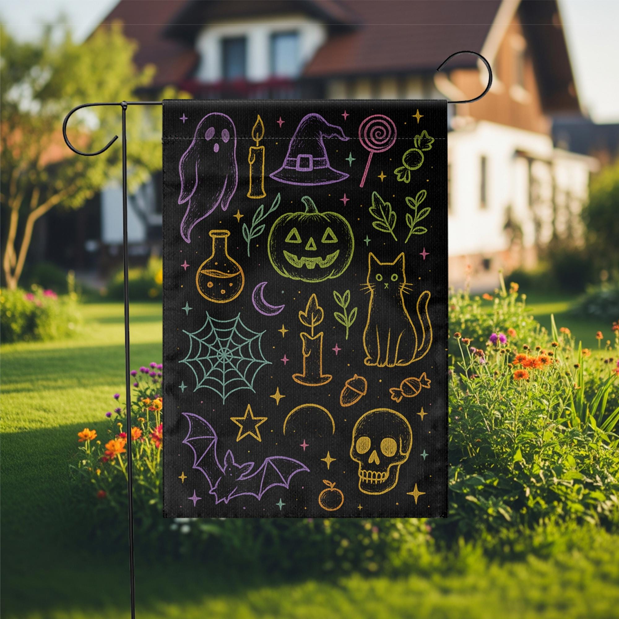 Colorful Halloween Garden Flag – Spooky Cute Outdoor Yard Decor – Witchy Ghost Cat Pumpkin Flag – Trick or Treat Lawn Decoration
