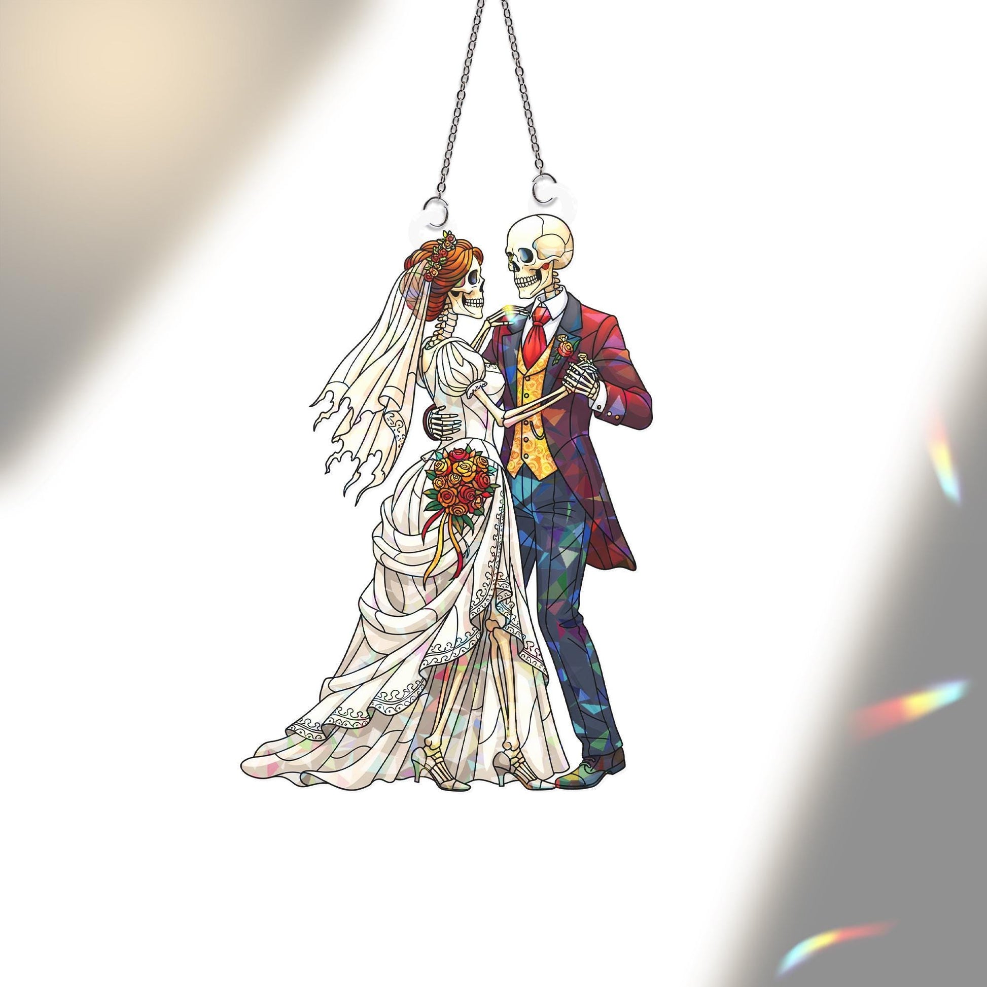 Skeleton Wedding Couple Suncatcher, Gothic Bride and Groom Stained Glass Window Hanging, Halloween Wedding Decor, Spooky Love Gift