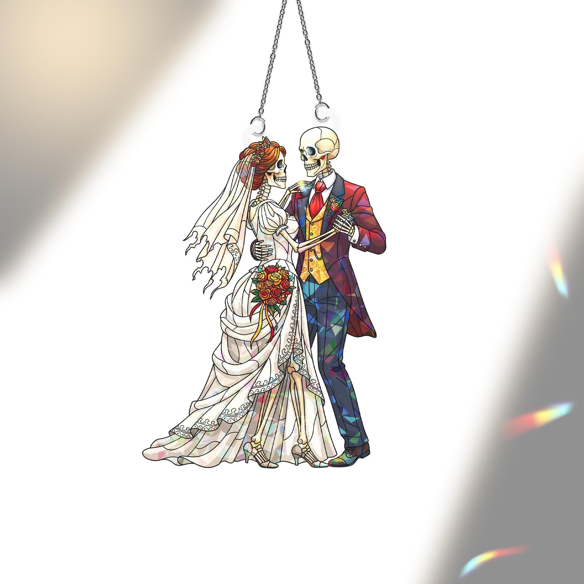 Skeleton Wedding Couple Suncatcher, Gothic Bride and Groom Stained Glass Window Hanging, Halloween Wedding Decor, Spooky Love Gift