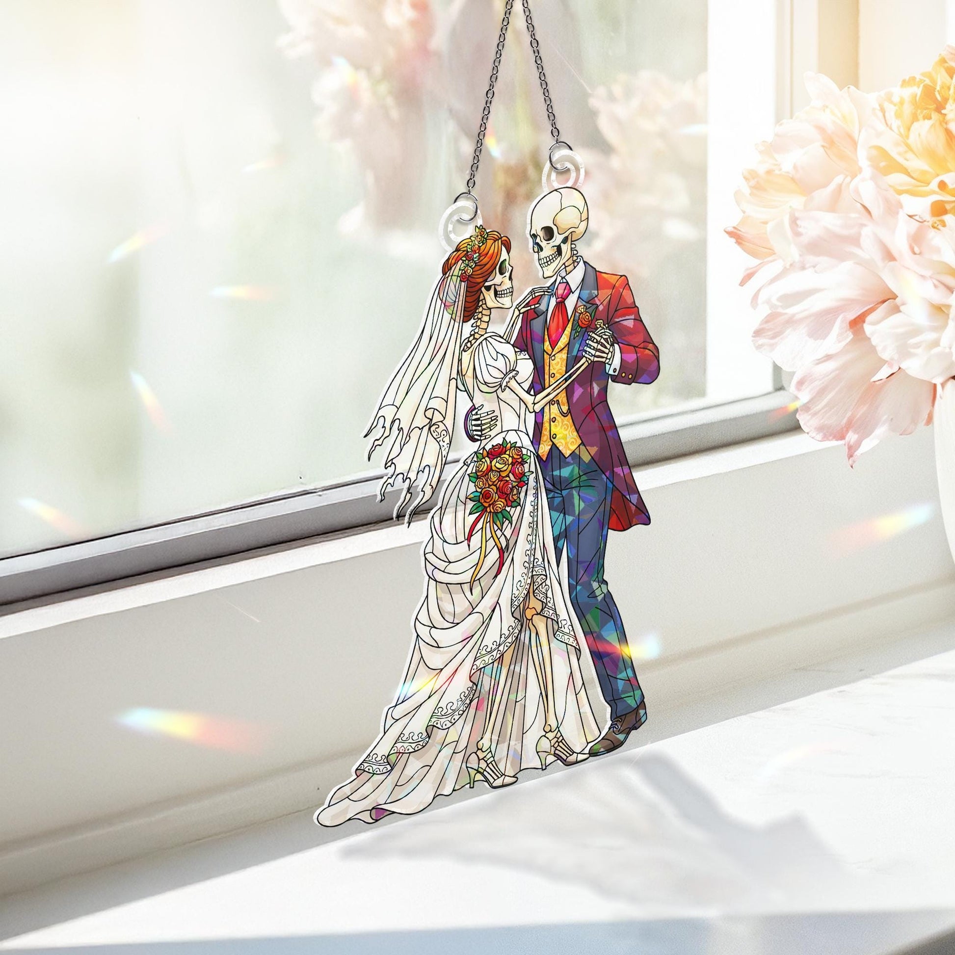 Skeleton Wedding Couple Suncatcher, Gothic Bride and Groom Stained Glass Window Hanging, Halloween Wedding Decor, Spooky Love Gift