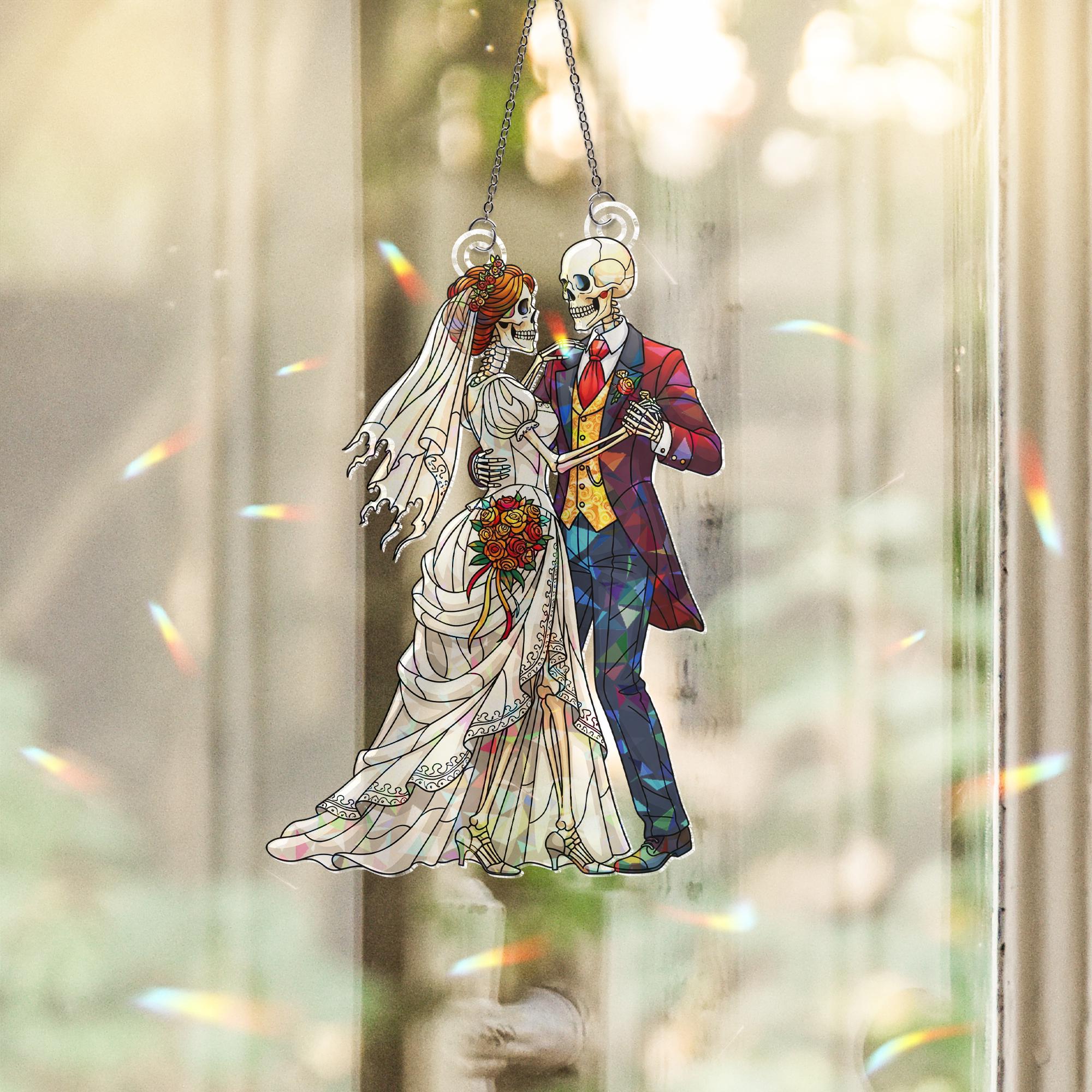 Skeleton Wedding Couple Suncatcher, Gothic Bride and Groom Stained Glass Window Hanging, Halloween Wedding Decor, Spooky Love Gift