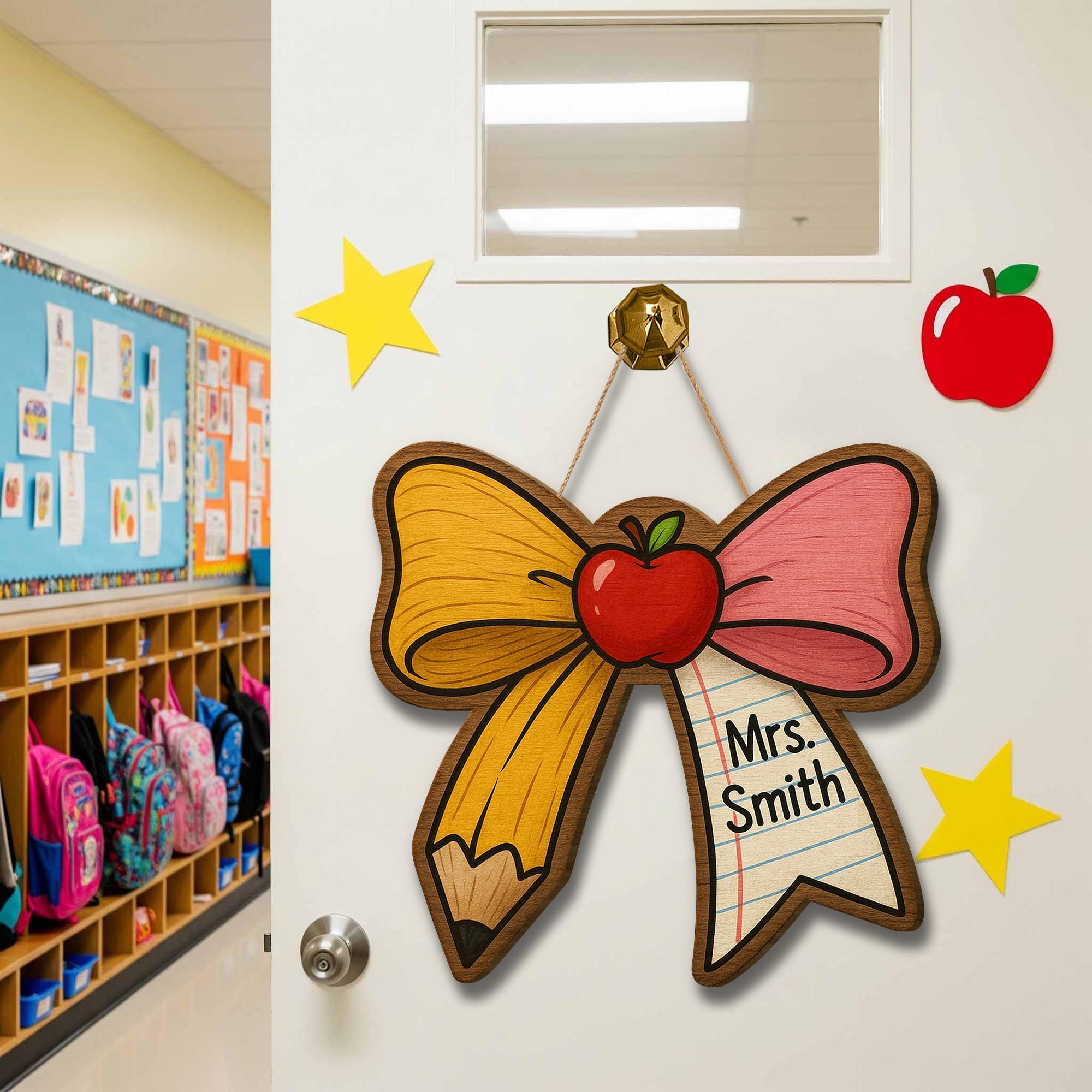 Personalized Teacher Door Sign, Pencil Bow Classroom Decor, Custom Name Apple Plaque, Back to School Gift, Wooden Teacher Sign