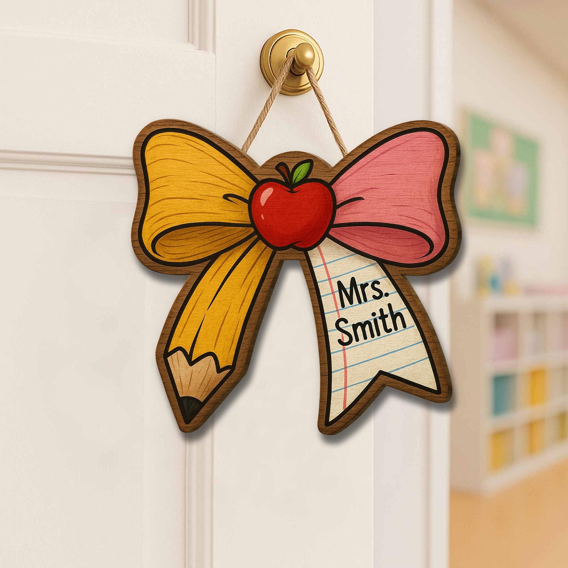 Personalized Teacher Door Sign, Pencil Bow Classroom Decor, Custom Name Apple Plaque, Back to School Gift, Wooden Teacher Sign