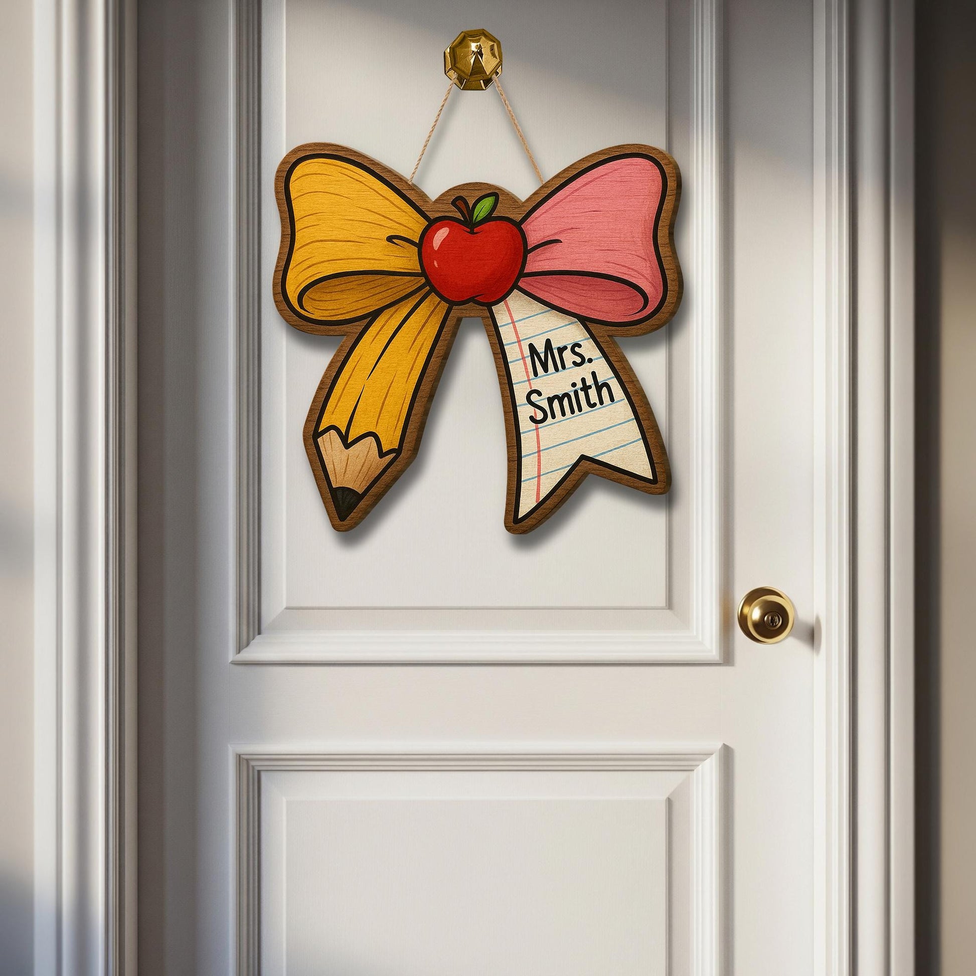 Personalized Teacher Door Sign, Pencil Bow Classroom Decor, Custom Name Apple Plaque, Back to School Gift, Wooden Teacher Sign