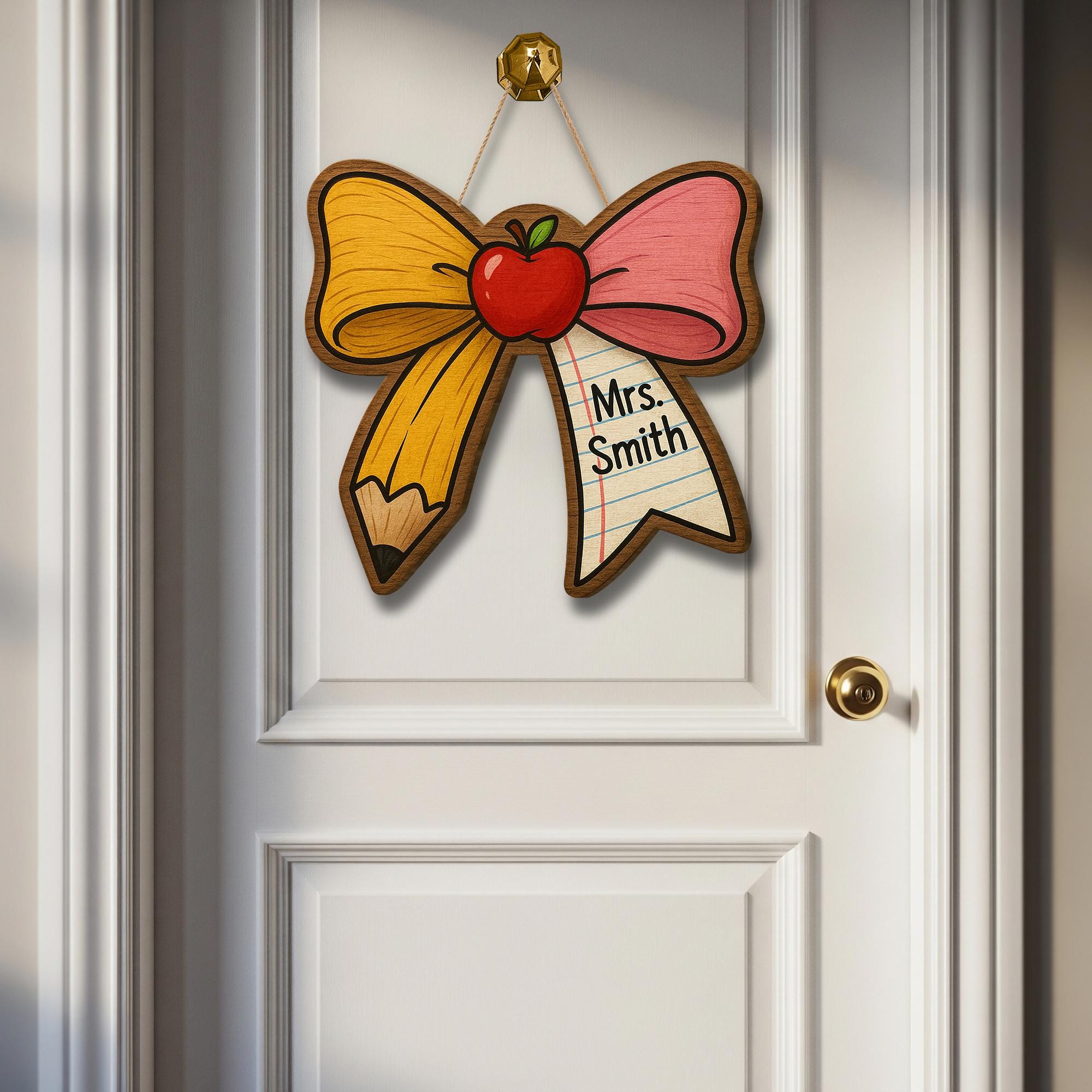 Personalized Teacher Door Sign, Pencil Bow Classroom Decor, Custom Name Apple Plaque, Back to School Gift, Wooden Teacher Sign