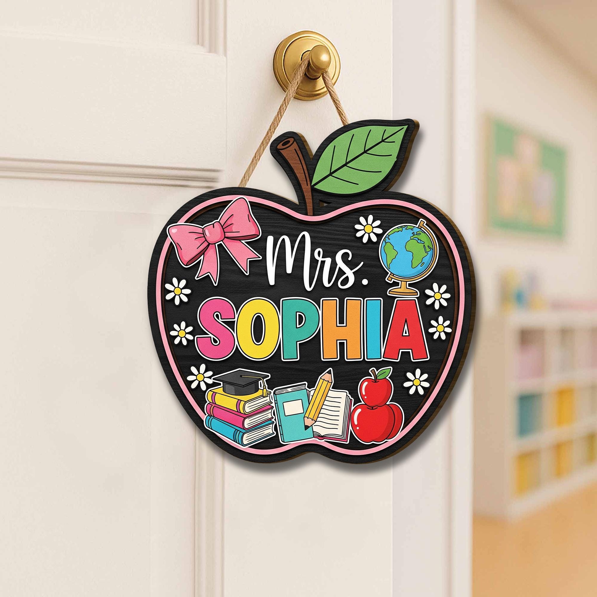 Personalized Apple Teacher Door Sign, Custom Classroom Name Sign with Books and Globe, Back to School Teacher Gift Decor, Apple Room Sign